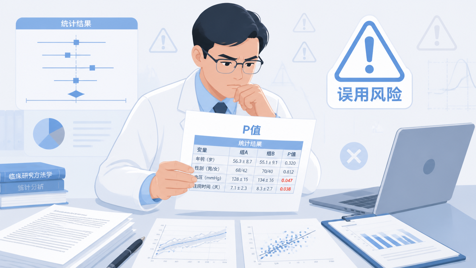 临床研究场景中，研究者盯着统计表格和P值结果，背景有论文、数据图和警示标识，突出“误用风险”主题。