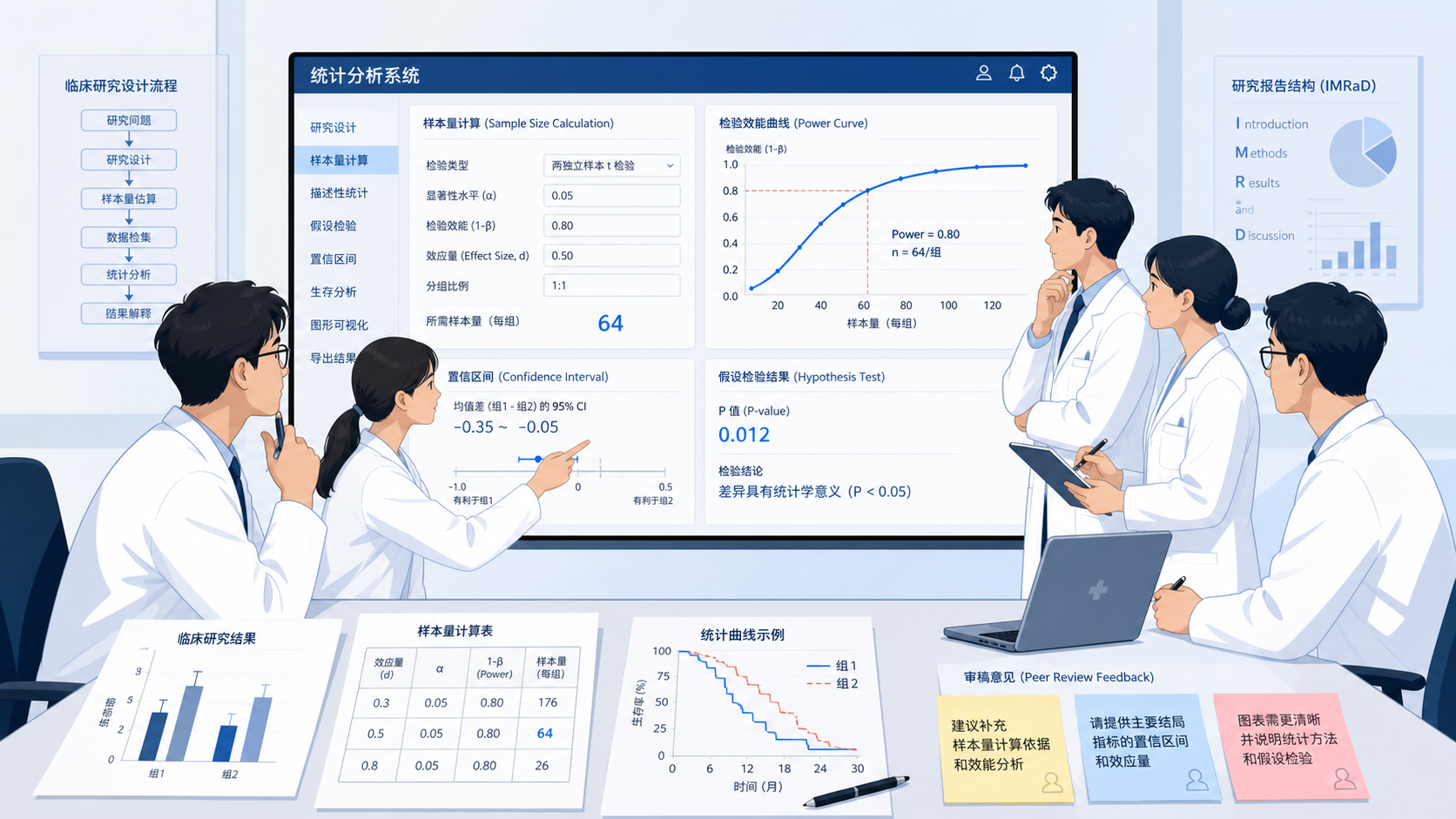 医学生和科研人员在统计软件界面前讨论样本量与检验效能，旁边有临床研究图表和论文审稿意见