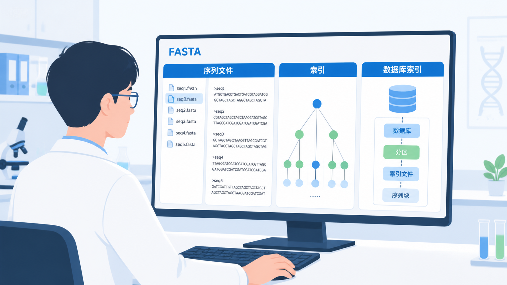 实验室场景中，科研人员在电脑前查看FASTA序列文件与数据库索引结构示意图，突出“序列文件、索引、比对分析”的关系
