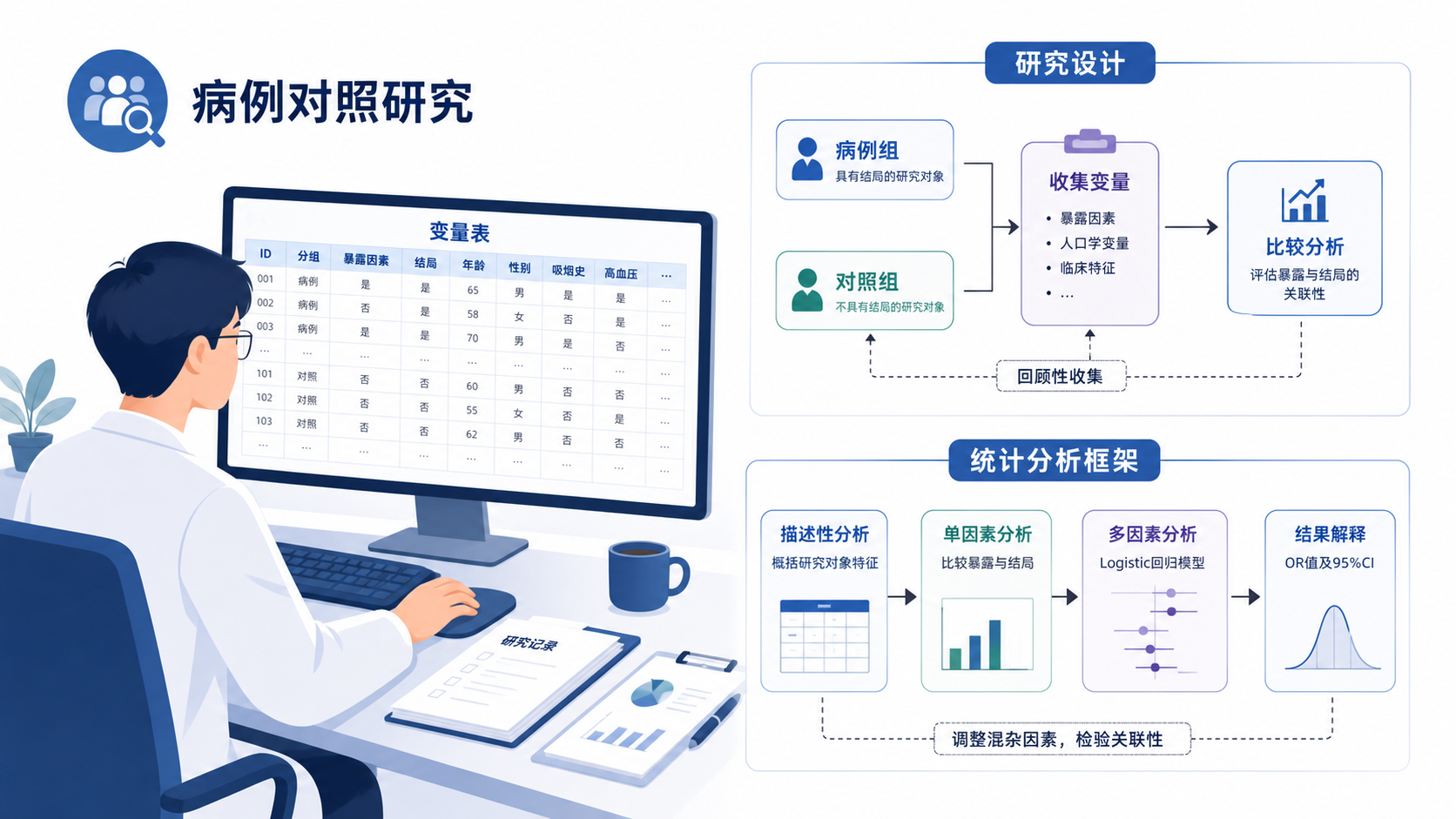 科研人员在电脑前整理病例对照研究变量表，旁边显示研究设计流程图和统计分析框架，整体风格专业、简洁