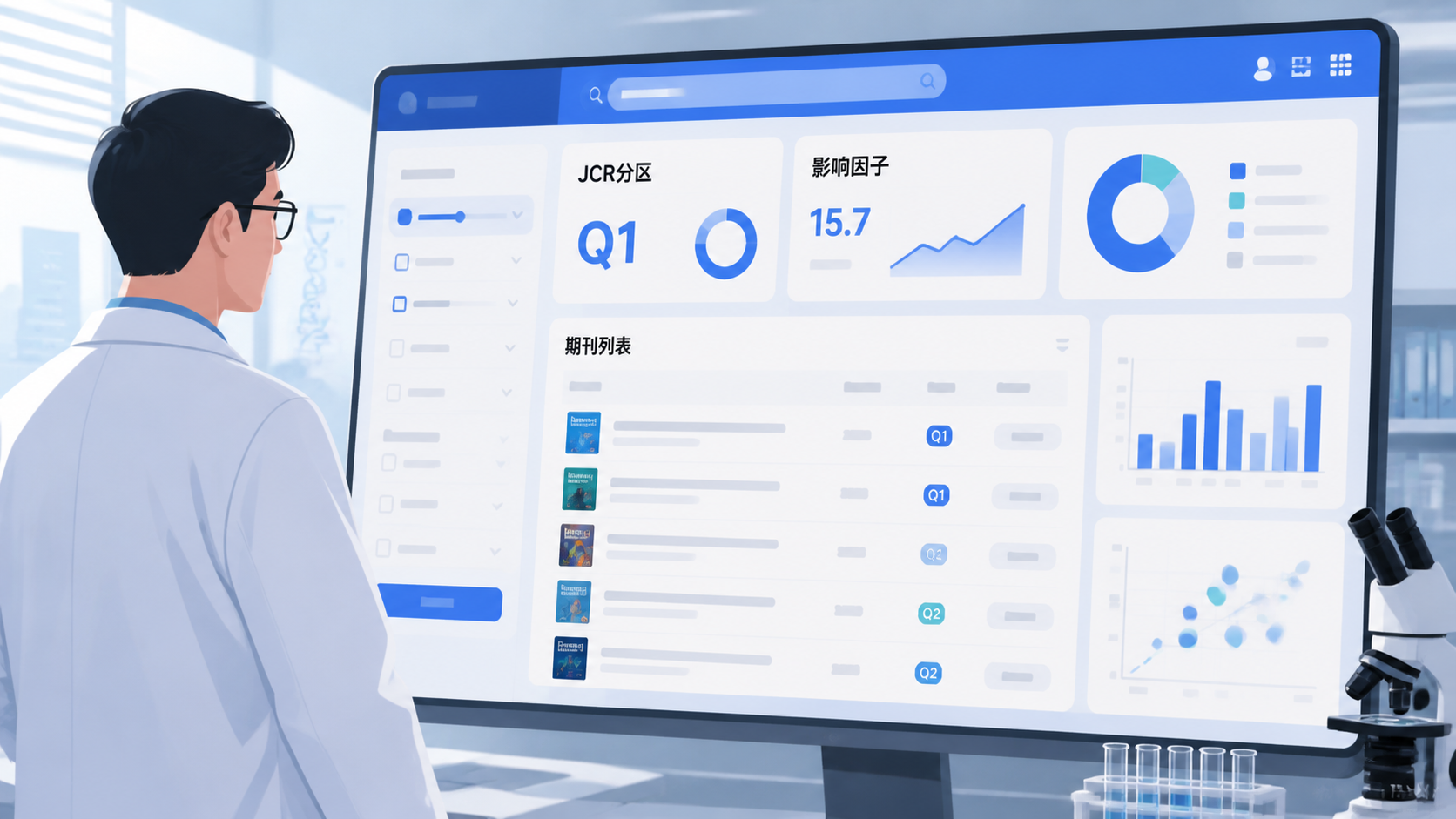 医学科研人员在文献数据库前检索期刊分区信息，画面包含JCR分区、影响因子和期刊列表的界面。