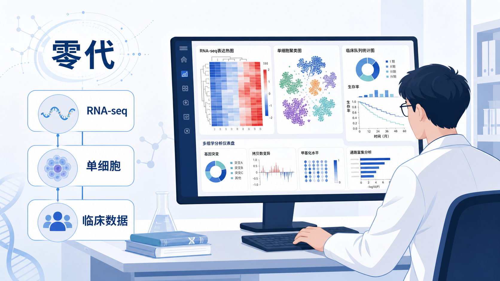 实验室研究者在电脑前使用可视化分析界面，旁边展示RNA-seq、单细胞和临床数据图表，突出“零代码、快速出图”的科研场景。