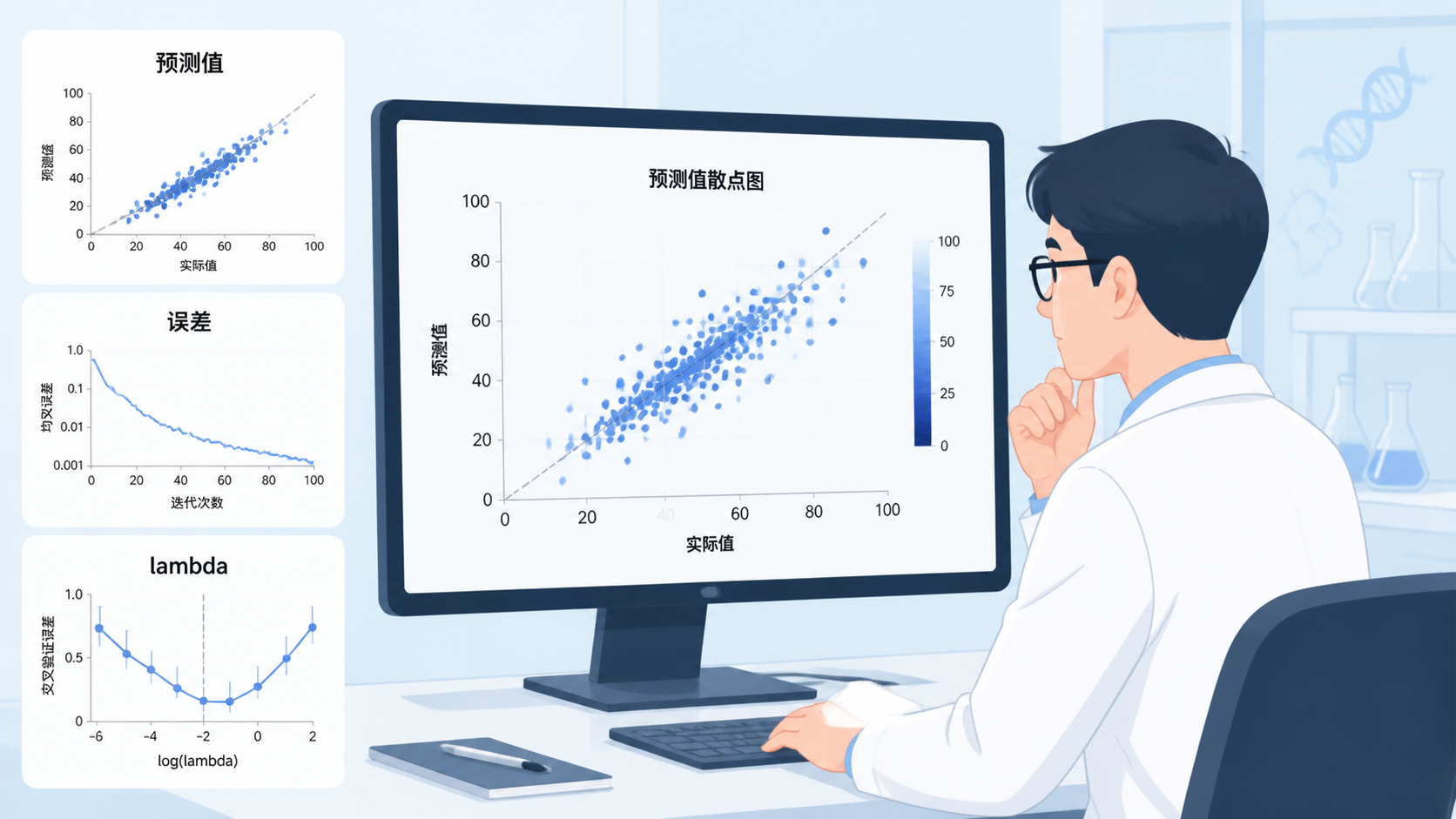 一张科研人员在电脑前查看模型验证结果的场景图，旁边展示预测值散点图、误差曲线和lambda选择图