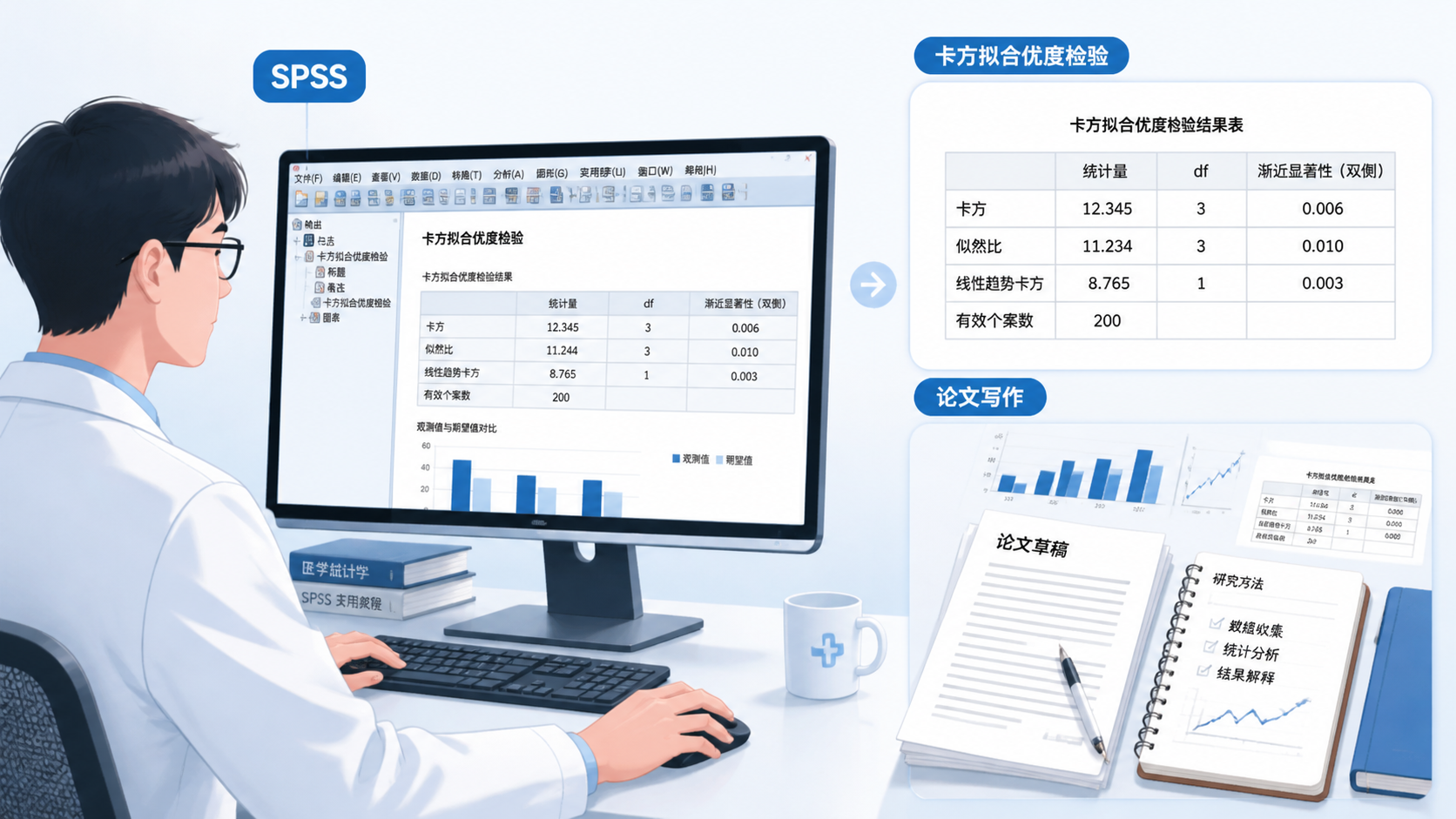 医学科研人员在电脑前查看SPSS输出结果，旁边展示卡方拟合优度检验结果表与论文写作场景
