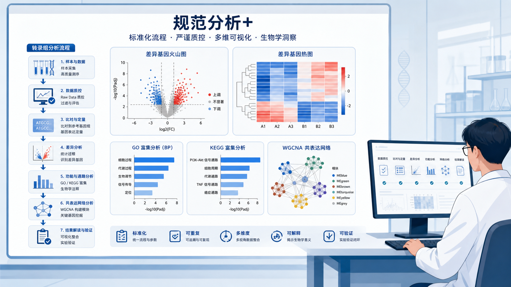 科研人员整理转录组分析流程图，旁边展示差异基因结果、富集分析和WGCNA网络图，突出“规范分析+品牌支持”的专业感。