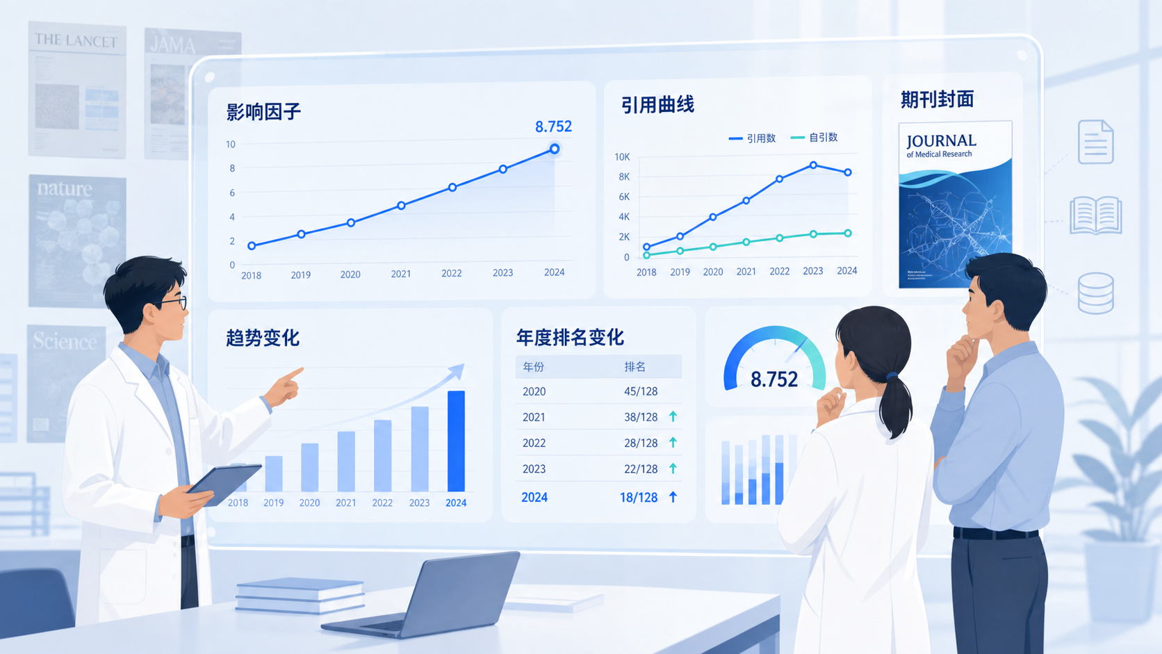 科研人员在期刊数据面板前讨论影响因子变化,背景包含引用曲线和期刊封面。