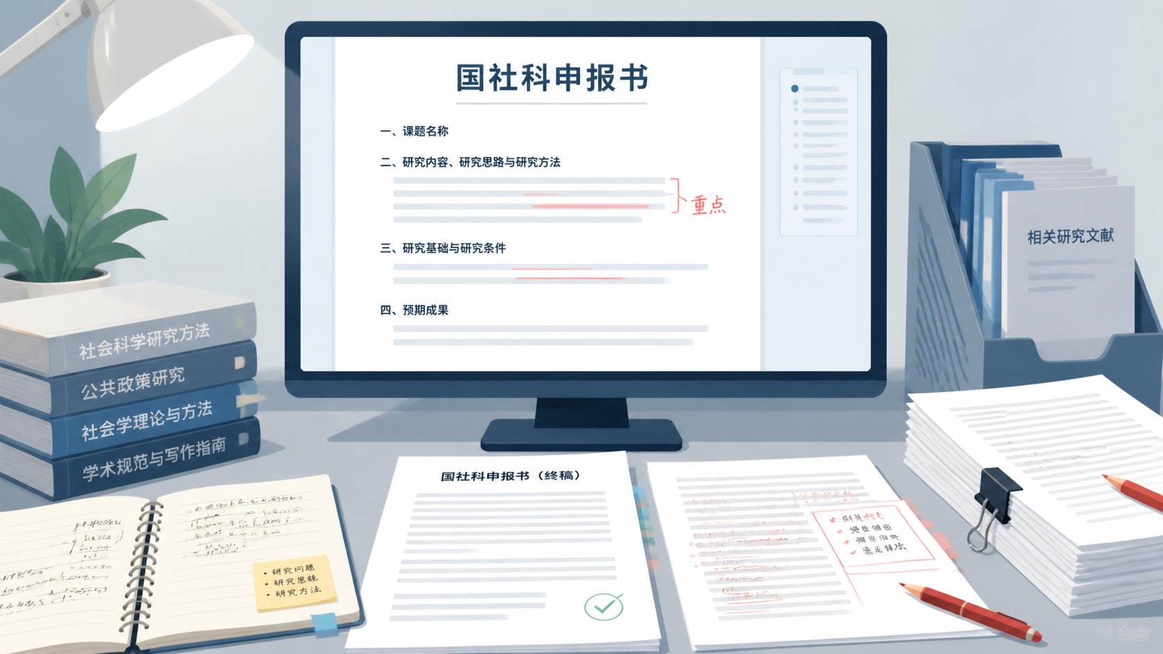 一份国社科申报书成稿放在电脑屏幕前,旁边有文献、笔记和红笔修改痕迹,突出“专业打磨后更稳”的视觉效果