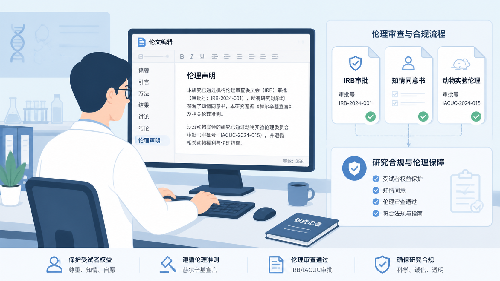 一张科研人员在电脑前撰写论文伦理声明的场景，旁边显示IRB审批、知情同意书、动物实验伦理等文件图标