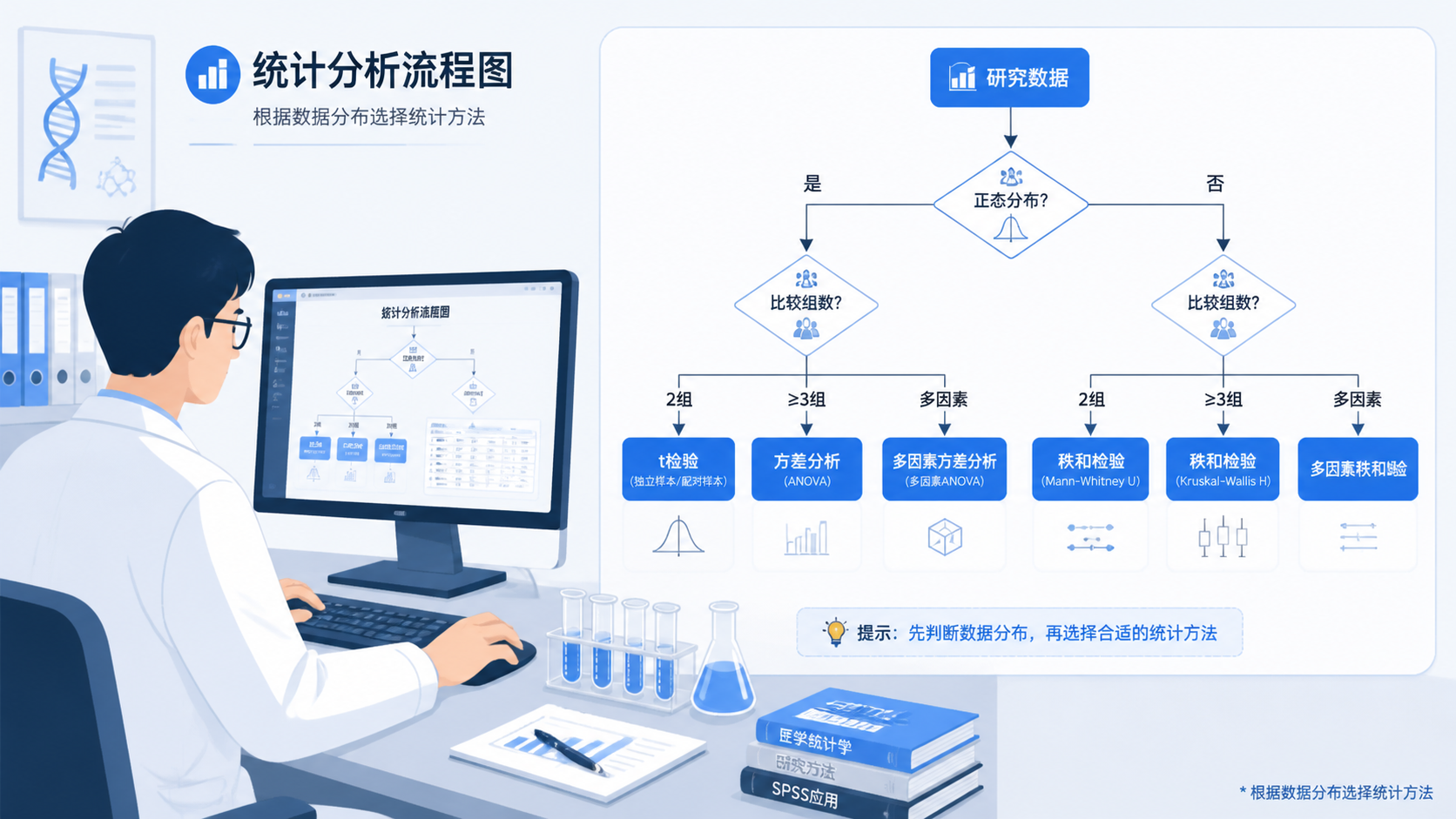 科研人员在电脑前整理统计分析流程图，旁边显示正态分布、秩和检验和方差分析的决策路径，表达“根据数据选择方法”的解决方案。