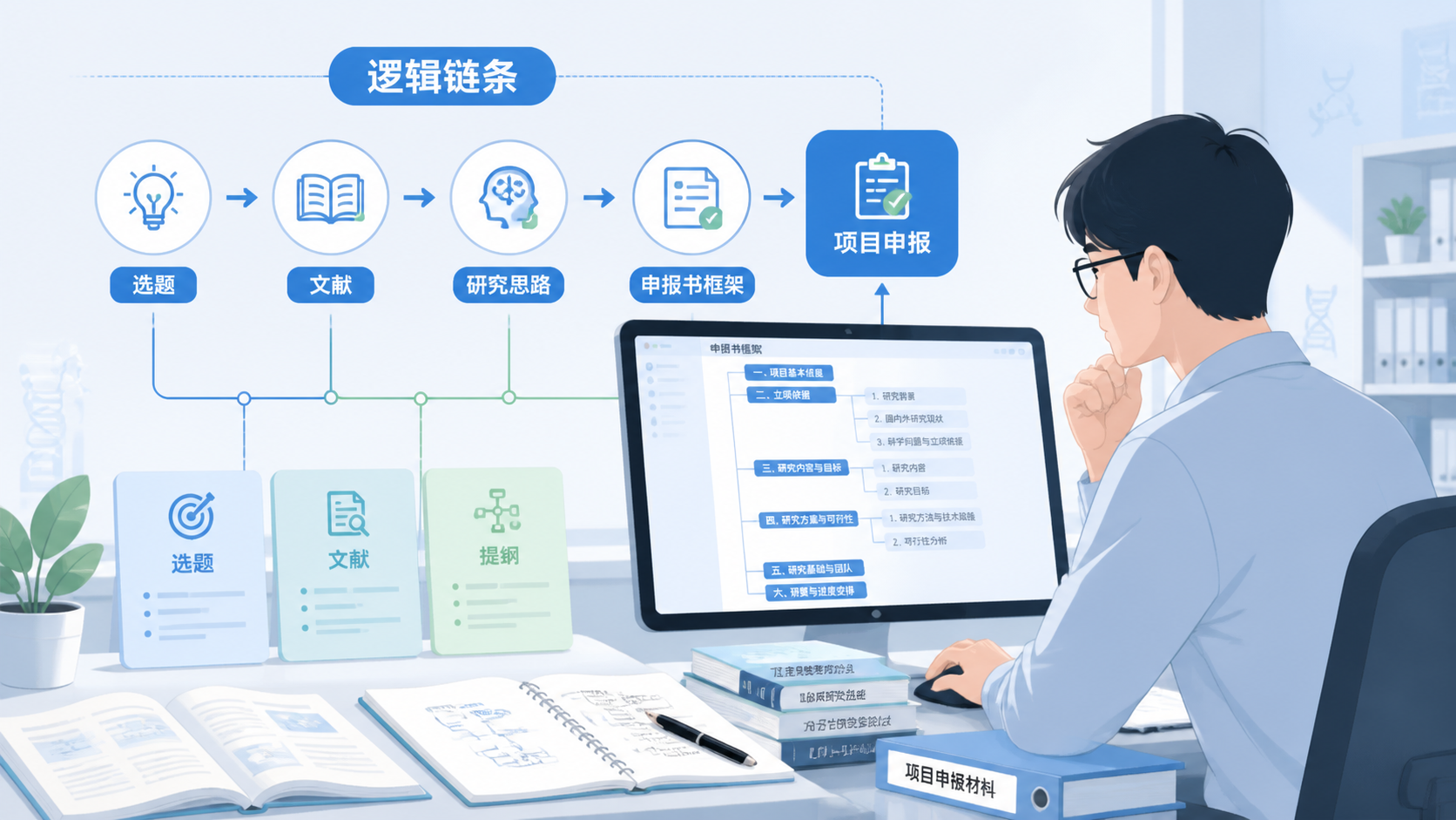 一位青年学者在电脑前梳理标书结构，桌面上摆放着选题、文献和提纲，画面突出“逻辑链条”和“项目申报”主题