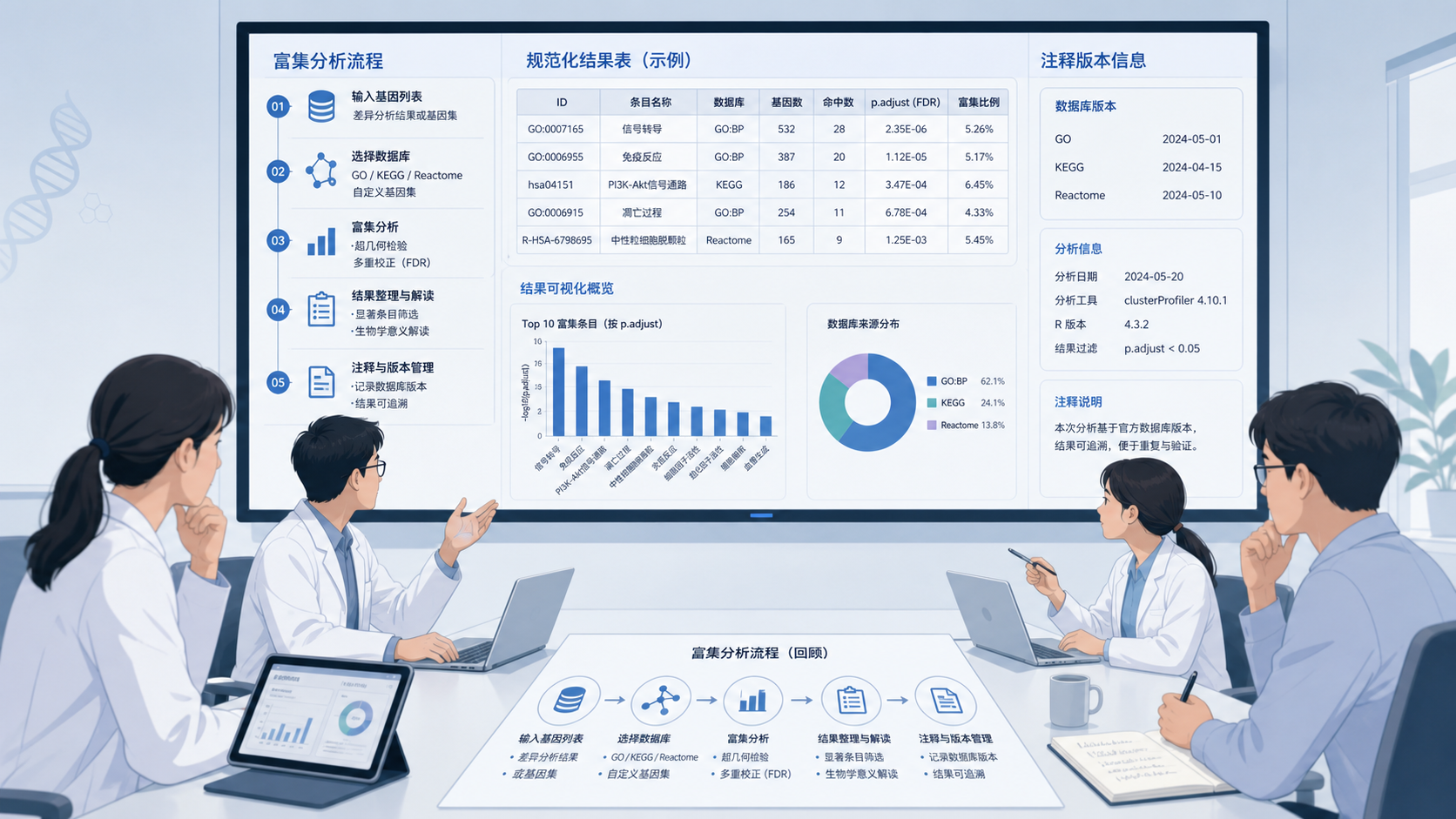 一张科研团队复盘富集分析流程、屏幕上显示规范化结果表与注释版本信息的专业图