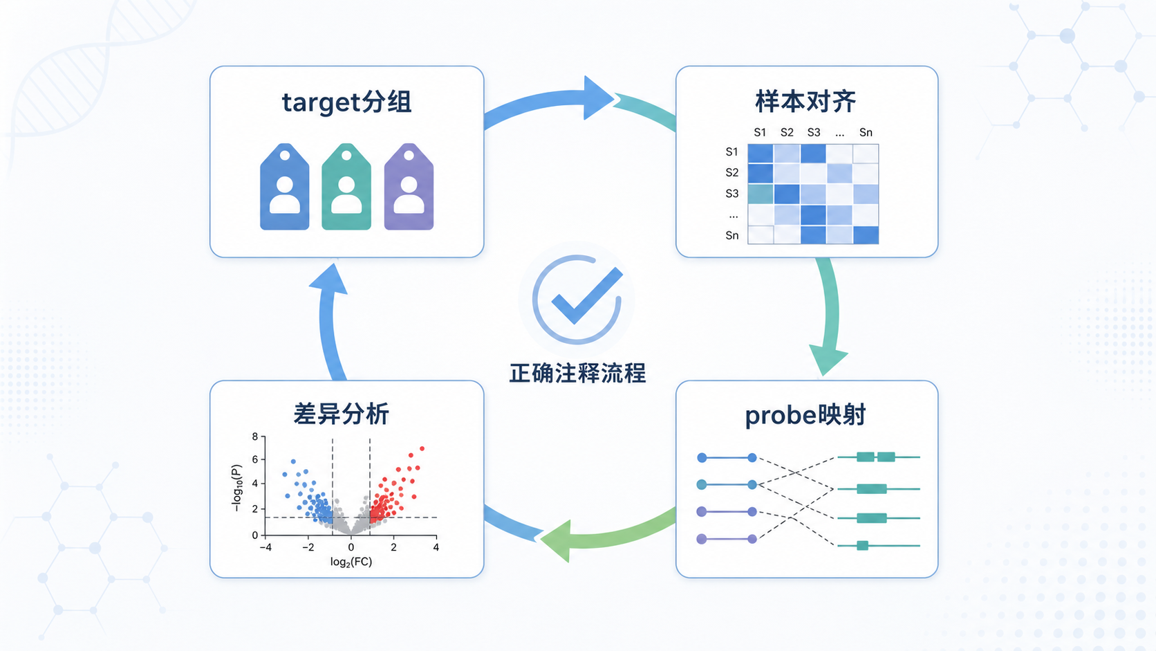 一张“正确注释流程”示意图，展示从target分组、样本对齐、probe映射到差异分析的闭环流程，强调规范和可追溯。