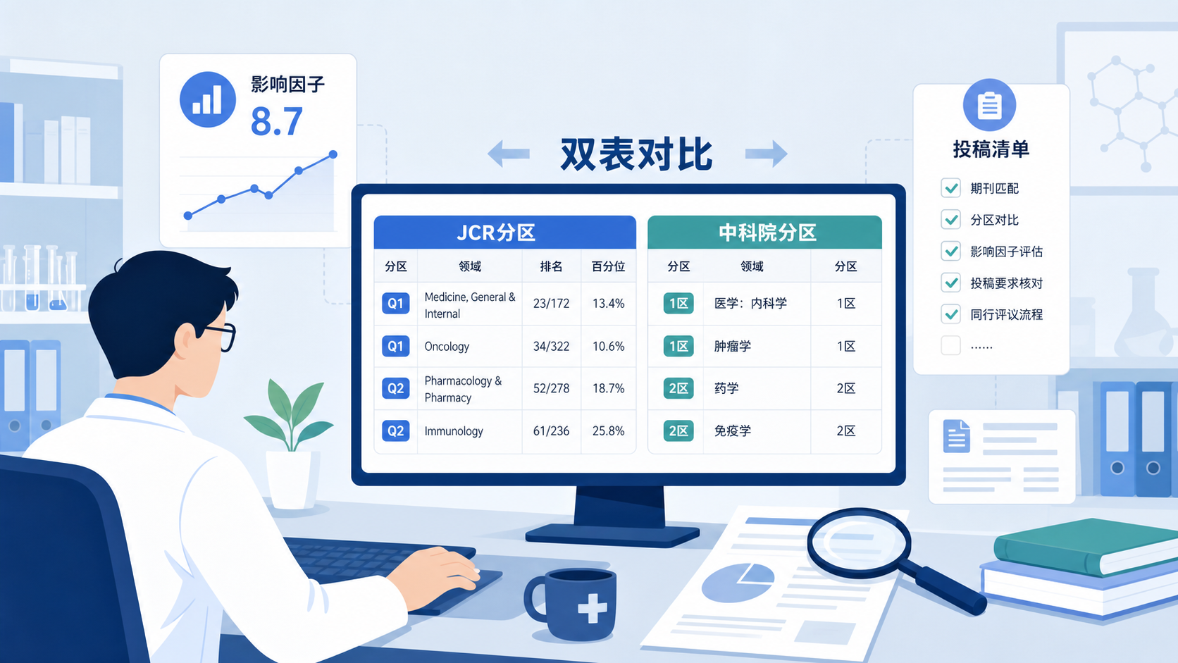 科研人员在电脑前对照期刊分区表、影响因子和投稿清单，画面突出JCR与中科院分区对比