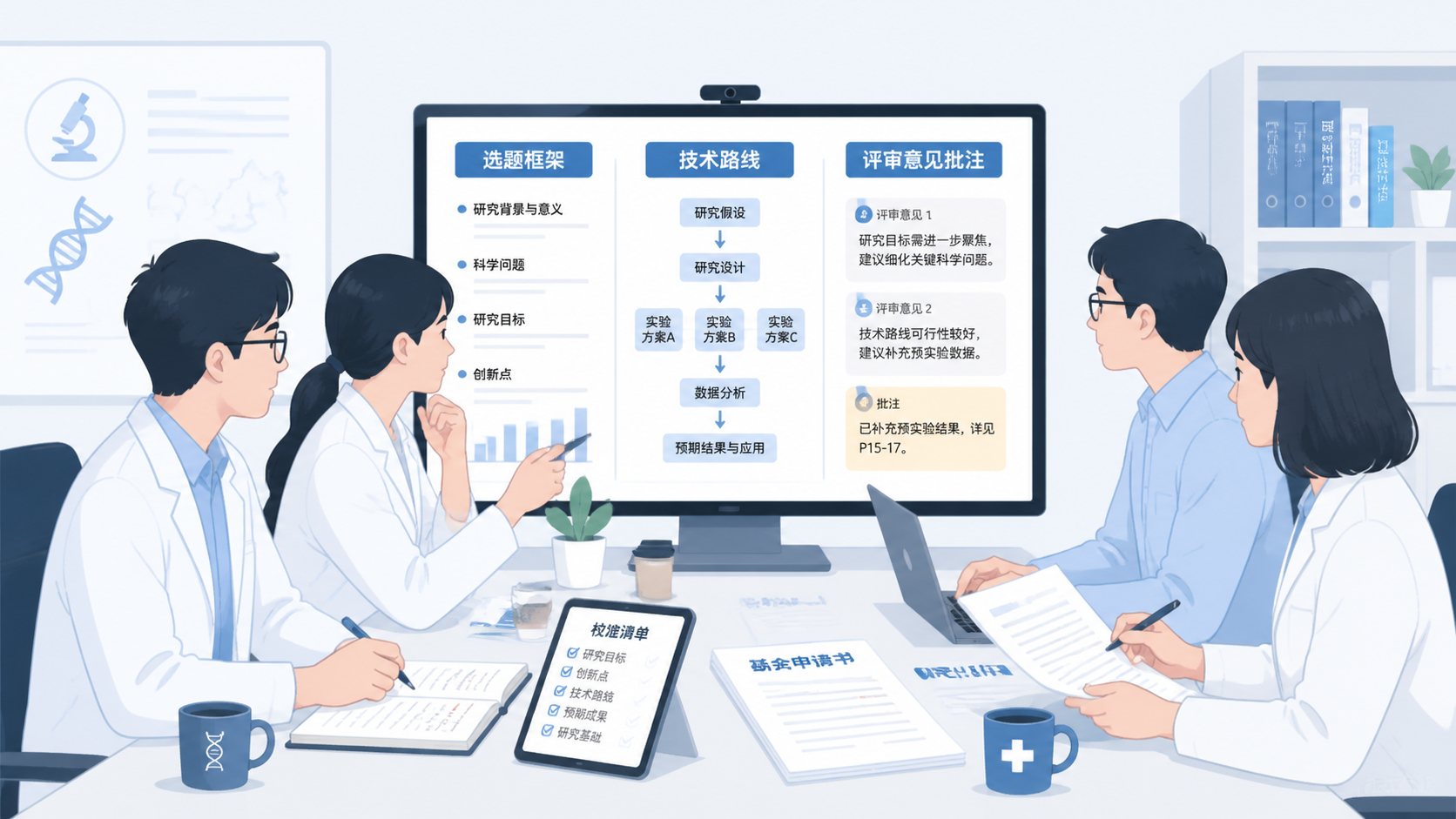 科研团队在电脑前修改基金申请书，屏幕上显示选题框架、技术路线和评审意见批注，体现“选题校准与定稿”
