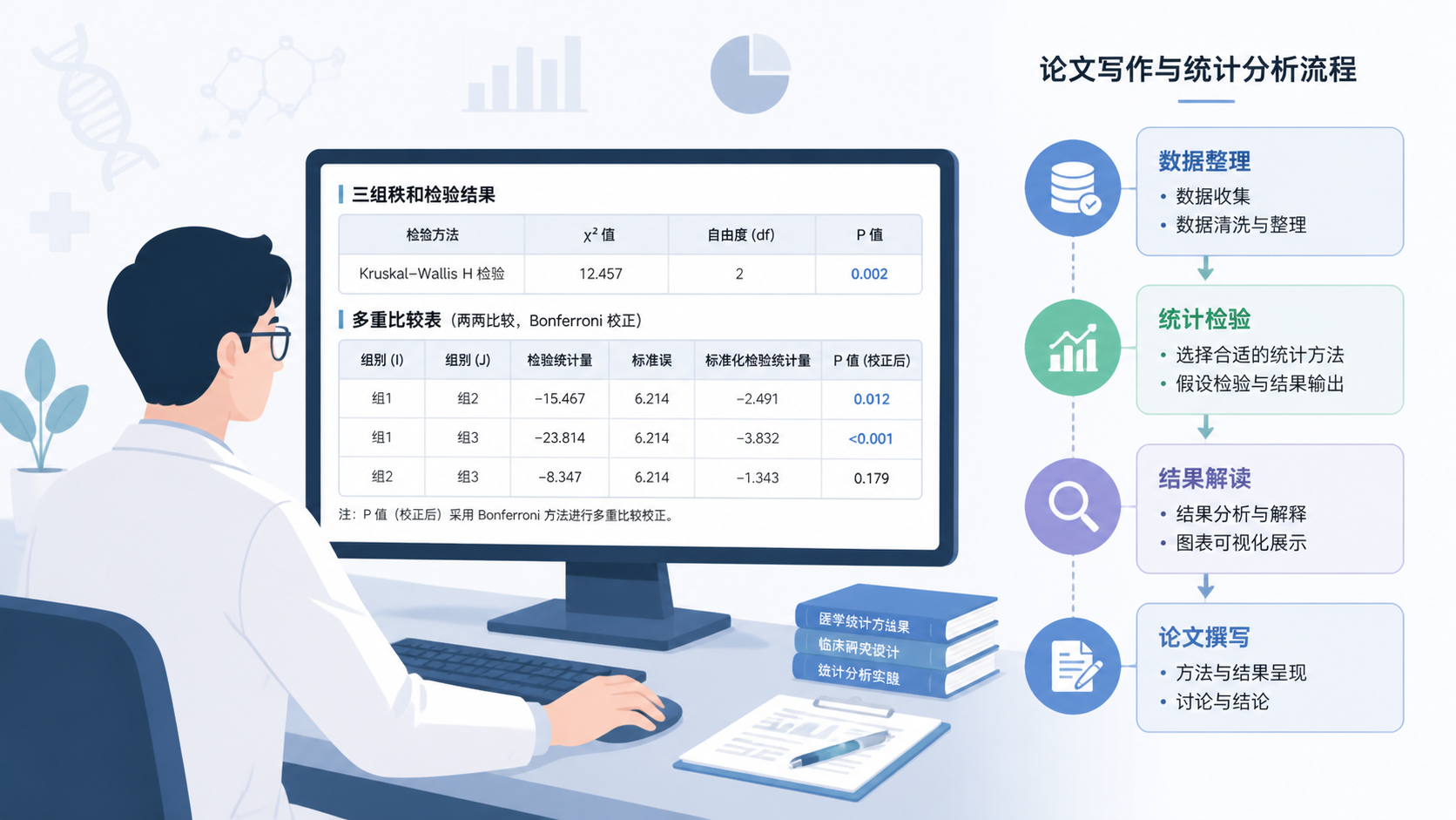 科研人员在电脑前查看三组秩和检验结果和多重比较表，旁边展示论文写作与统计分析流程图