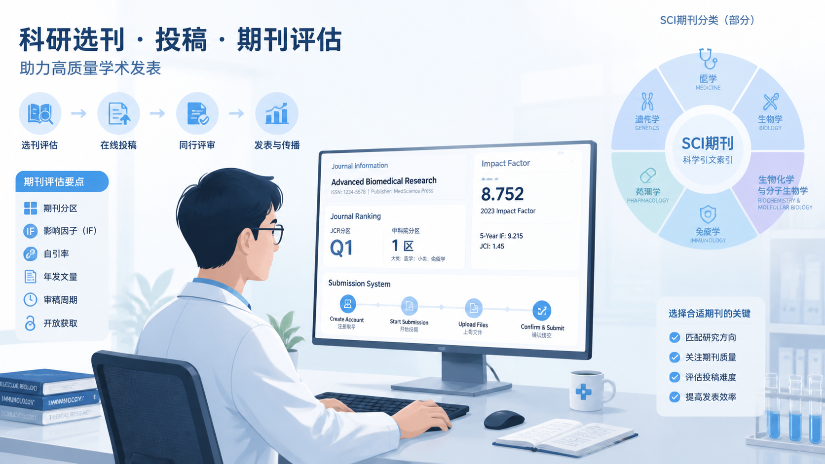 医学科研人员在电脑前查看期刊分区、影响因子和投稿系统界面，旁边有SCI期刊分类示意图。