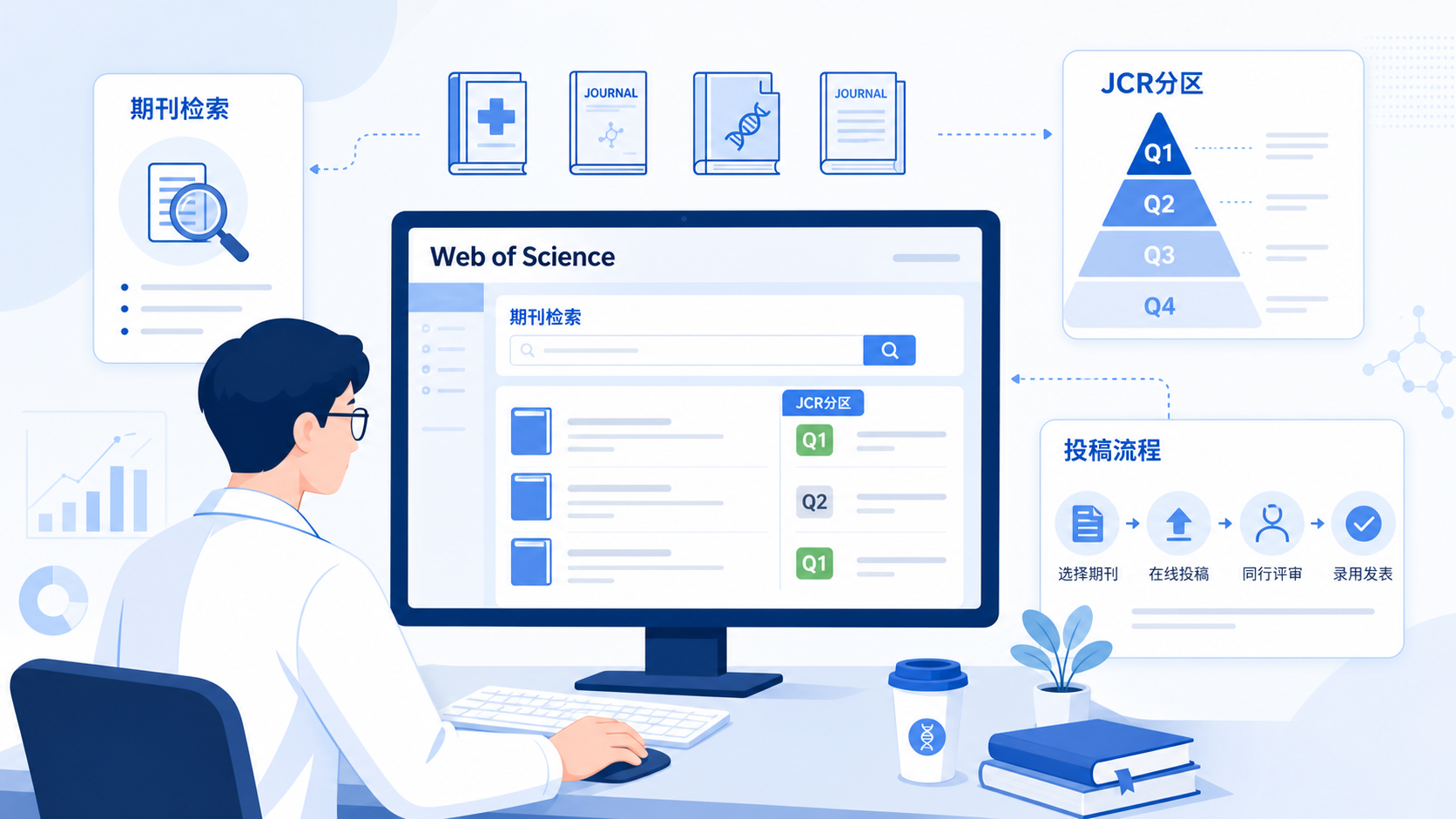 科研人员在电脑前查询Web of Science和JCR分区，旁边有期刊检索界面与投稿流程示意图
