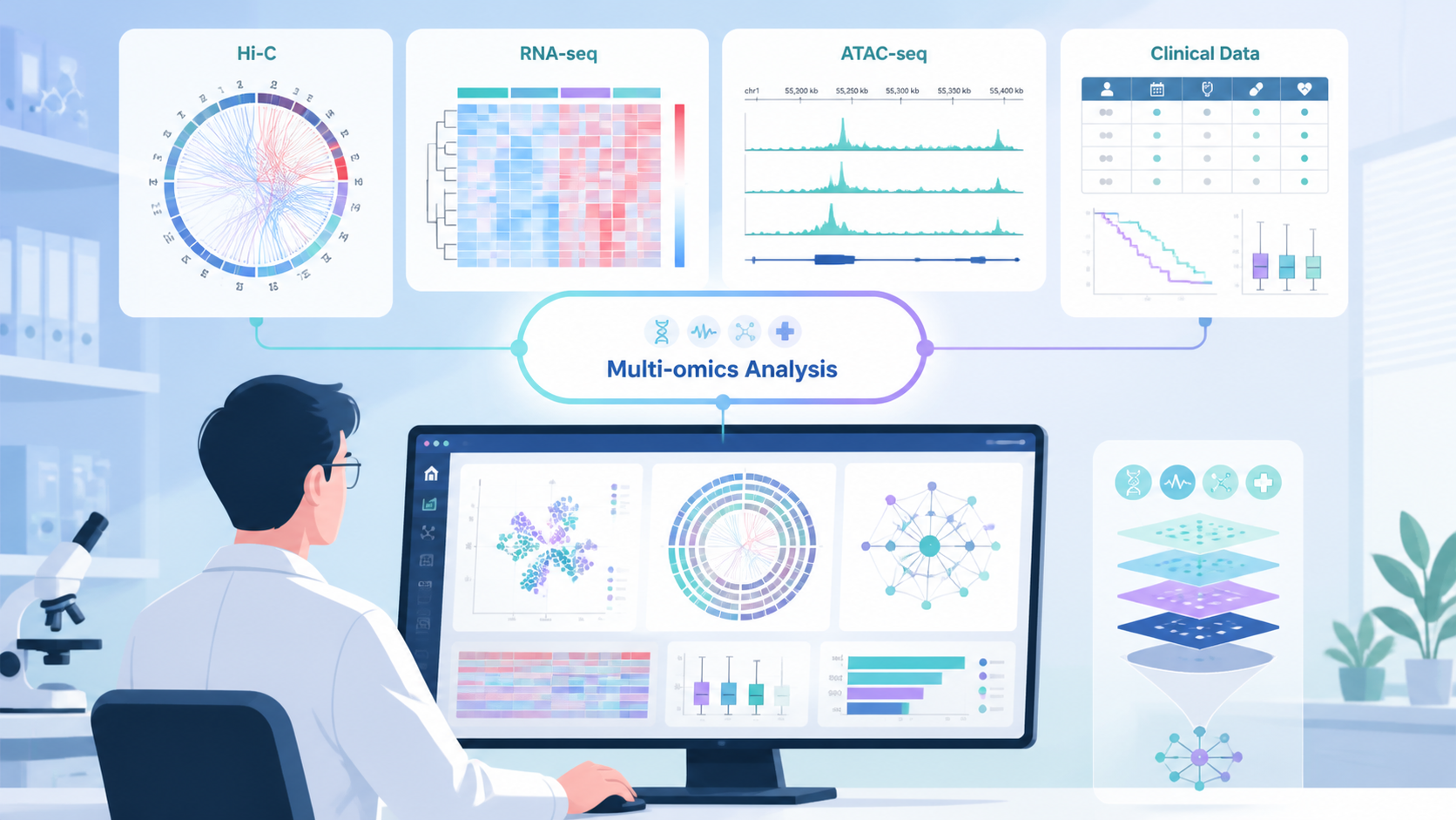 研究者在电脑前整合Hi-C、RNA-seq、ATAC-seq和临床数据的多组学分析场景，体现从数据到论文的转化