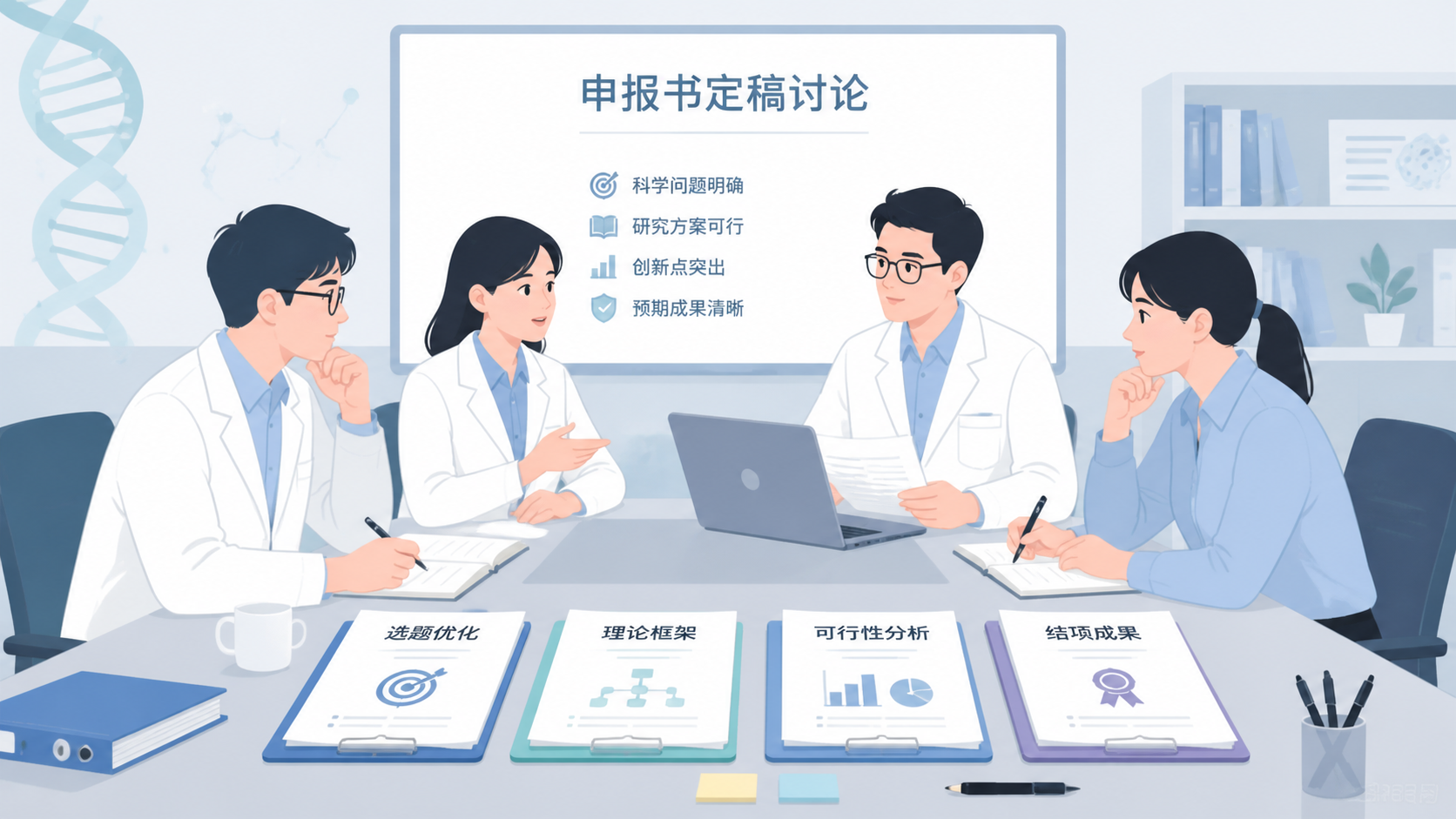 科研团队围绕申报书定稿进行讨论，桌面上有“选题优化、理论框架、可行性分析、结项成果”四类文件，画面体现专业协作与高效申报