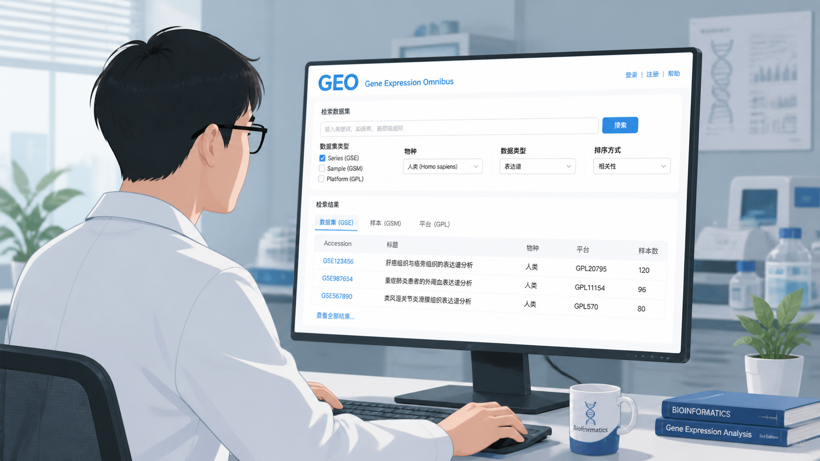 一位科研人员在电脑前检索GEO数据库，屏幕上显示GSE、GSM、GPL等编号和筛选界面，背景为实验室场景