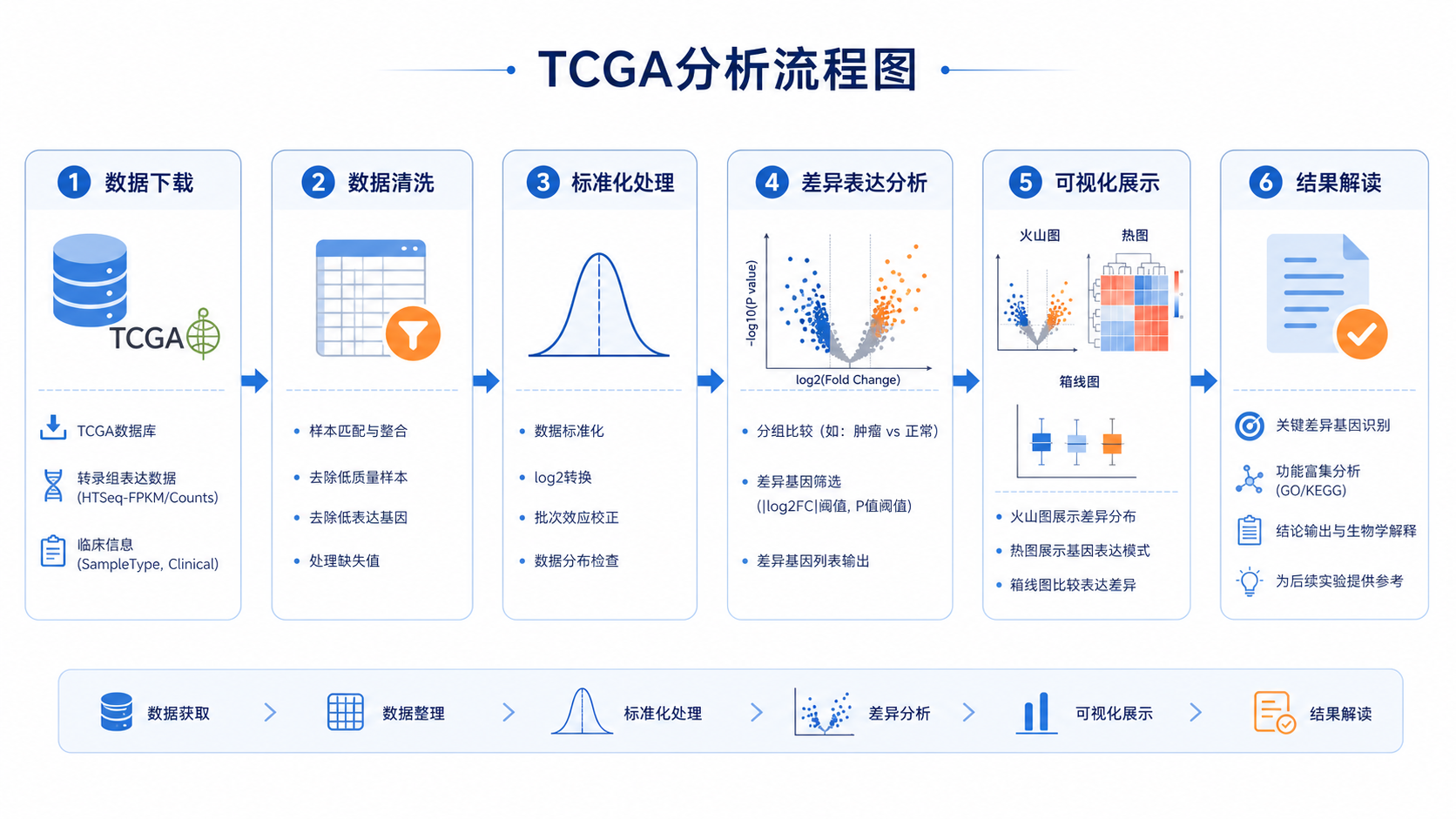 一张TCGA分析流程图，展示从数据下载、清洗、差异分析到可视化和结果解读的完整路径