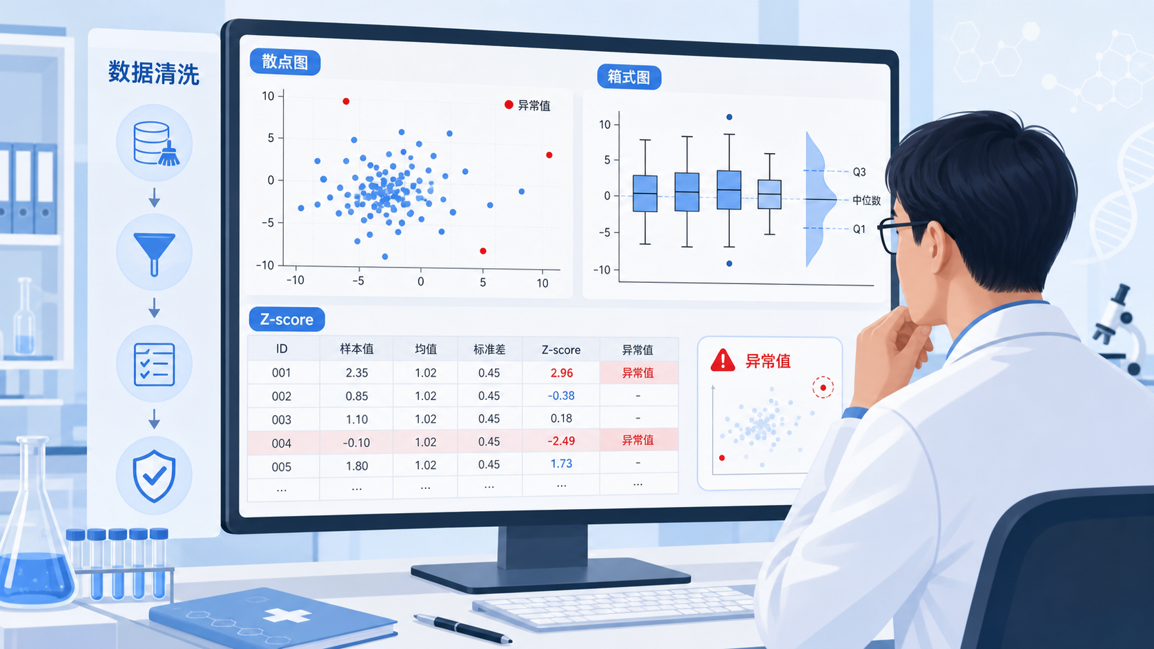 临床研究者在电脑前查看散点图、箱式图和Z-score结果表，强调异常值识别与数据清洗场景。