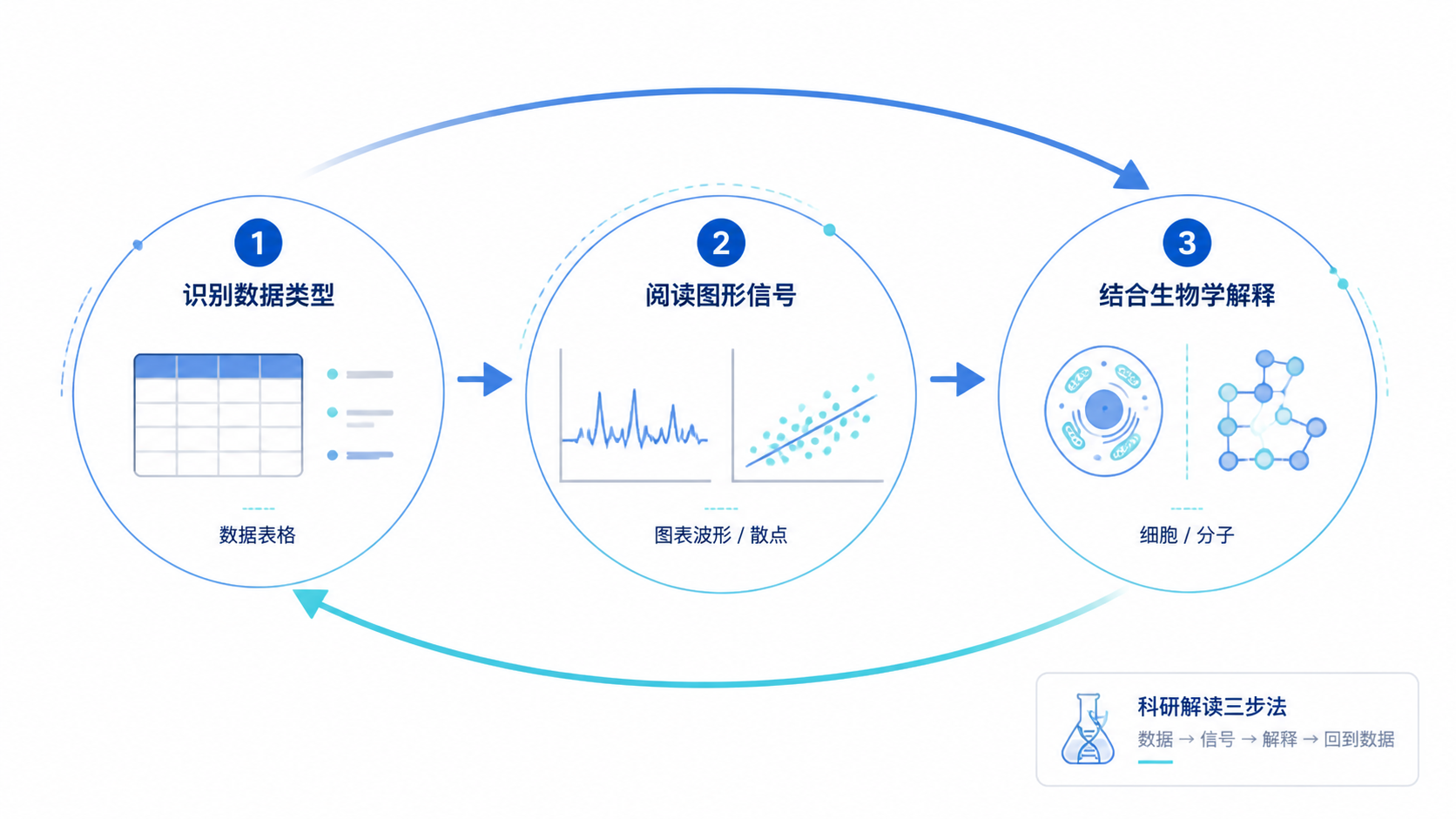 一张三步解读流程图，展示“识别数据类型、阅读图形信号、结合生物学解释”的闭环，右下角可加入科研文档和可视化界面元素，强化专业感与实操感。