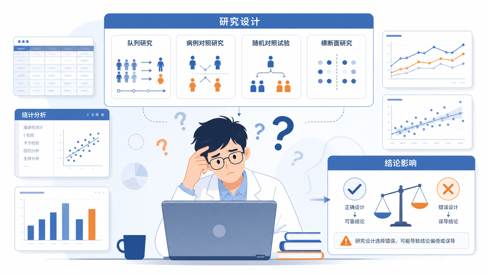 医学生在电脑前面对一堆研究设计图标发愁,旁边有数据表、统计软件界面和问号,突出“选错设计会影响论文”