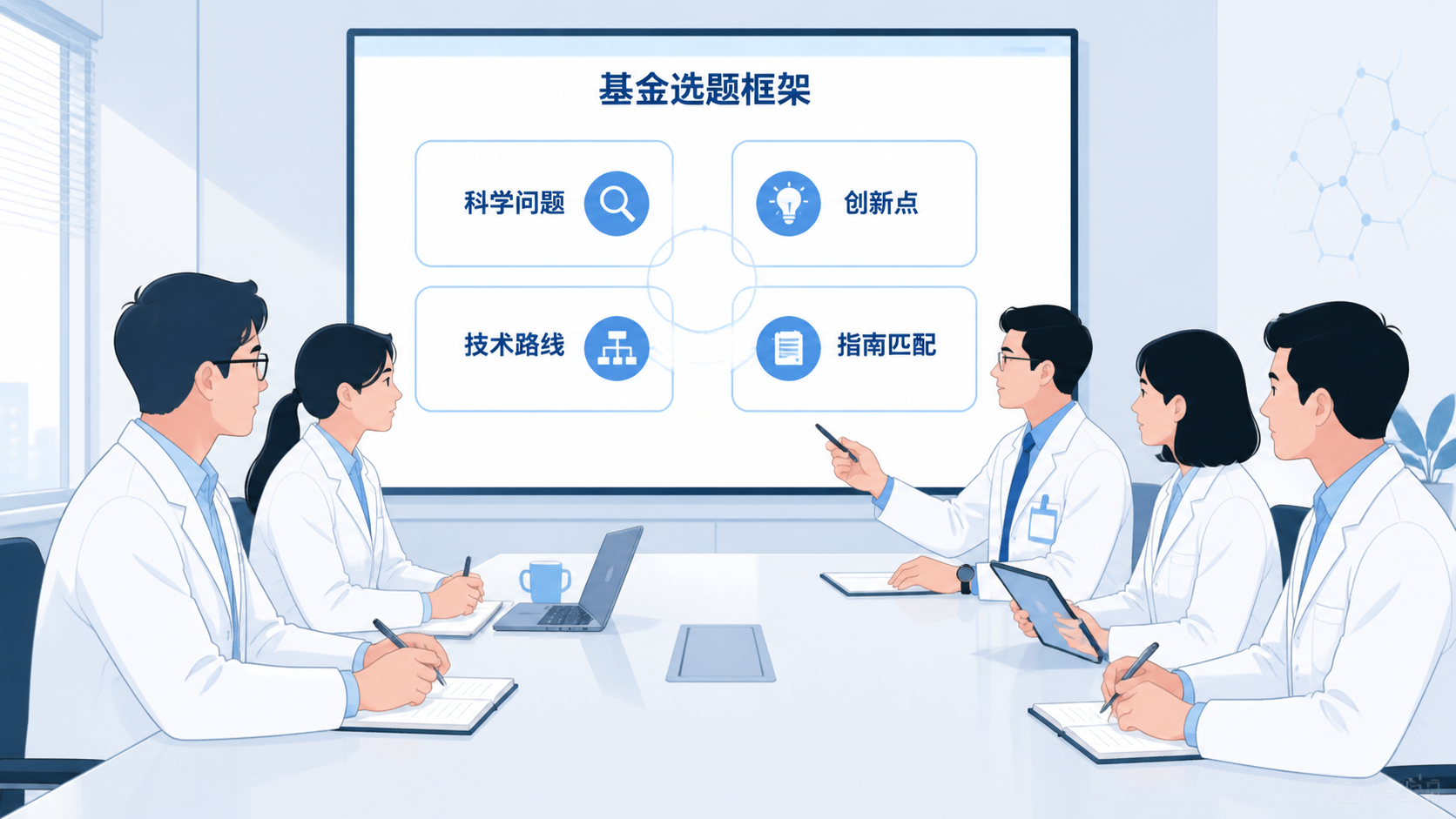 科研团队围坐讨论基金选题框架，屏幕上展示“科学问题、创新点、技术路线、指南匹配”的结构图。