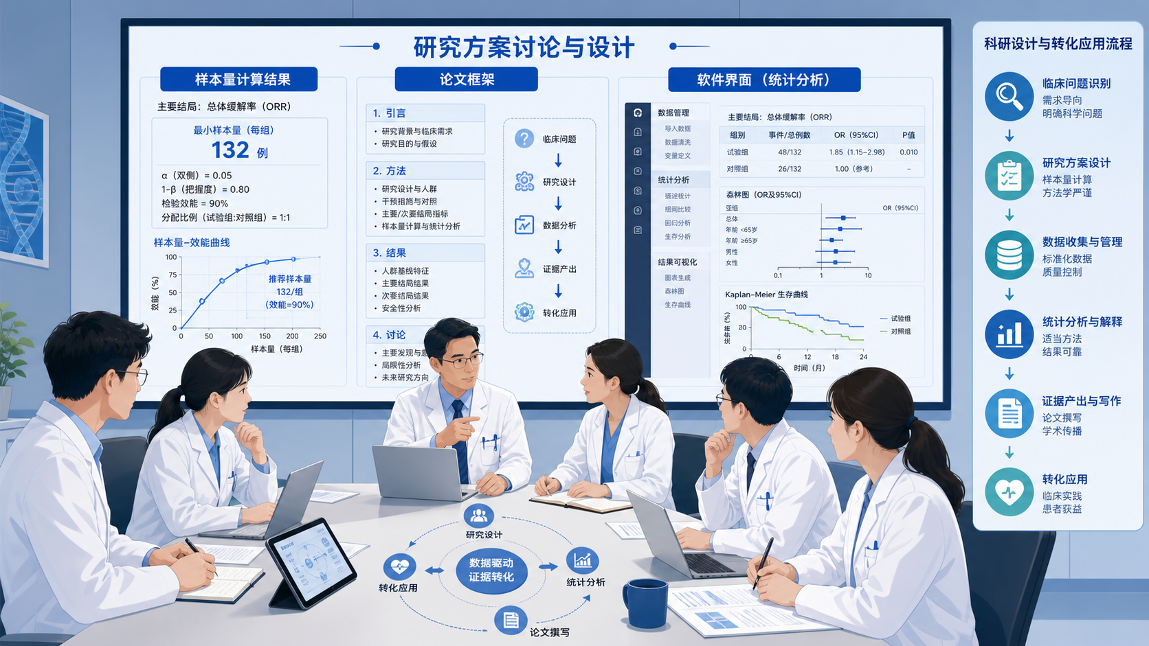 医学科研团队围坐讨论研究方案，屏幕上显示样本量计算结果、论文框架和软件界面，体现专业协作与转化场景