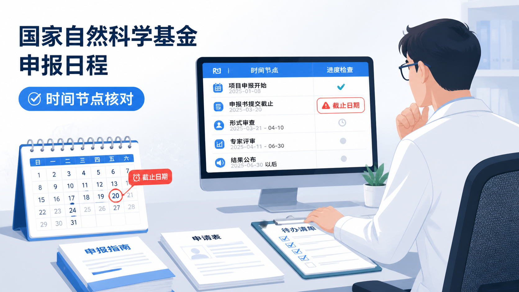 科研人员在电脑前核对国家自然科学基金申报日程，旁边放着日历、指南和申请表，突出“时间节点核对”场景
