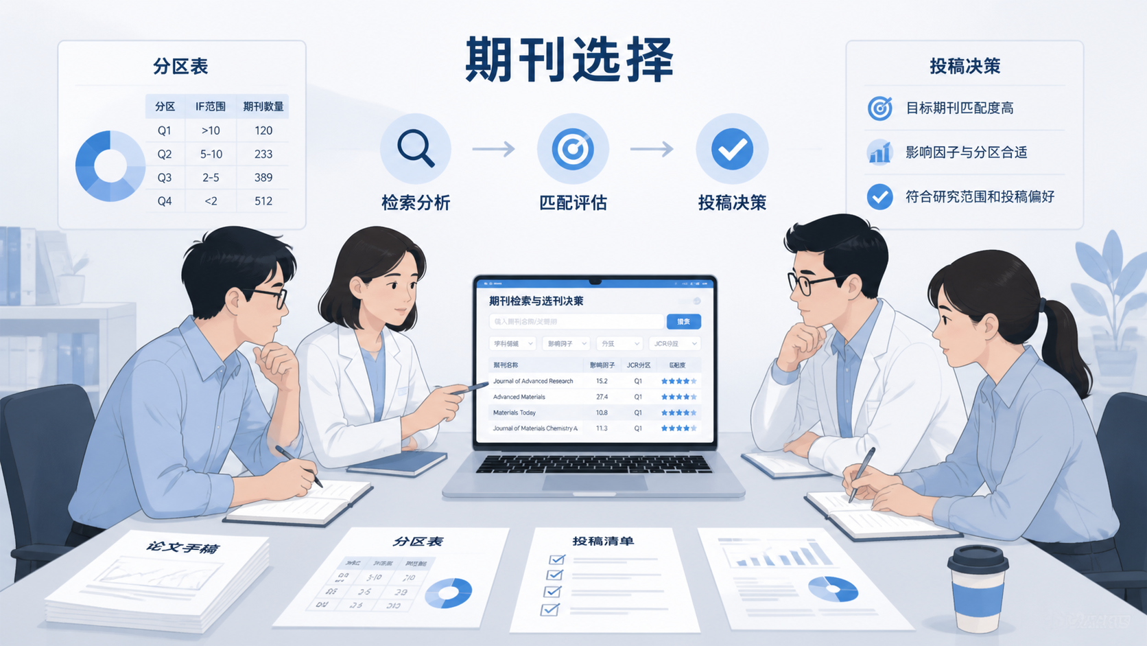 科研团队围绕期刊选择方案讨论，桌面上有论文手稿、期刊分区表和电脑屏幕，体现专业投稿与选刊决策。