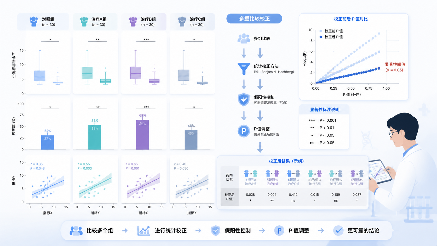 多组临床数据比较场景，叠加“多重比较校正”“假阳性控制”“P值调整”示意图