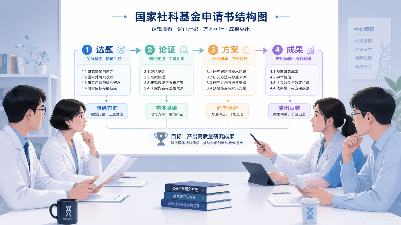 科研团队围坐讨论申报书，桌面上展示修改后的国家社科基金申请书结构图，突出选题、论证、方案、成果四个模块
