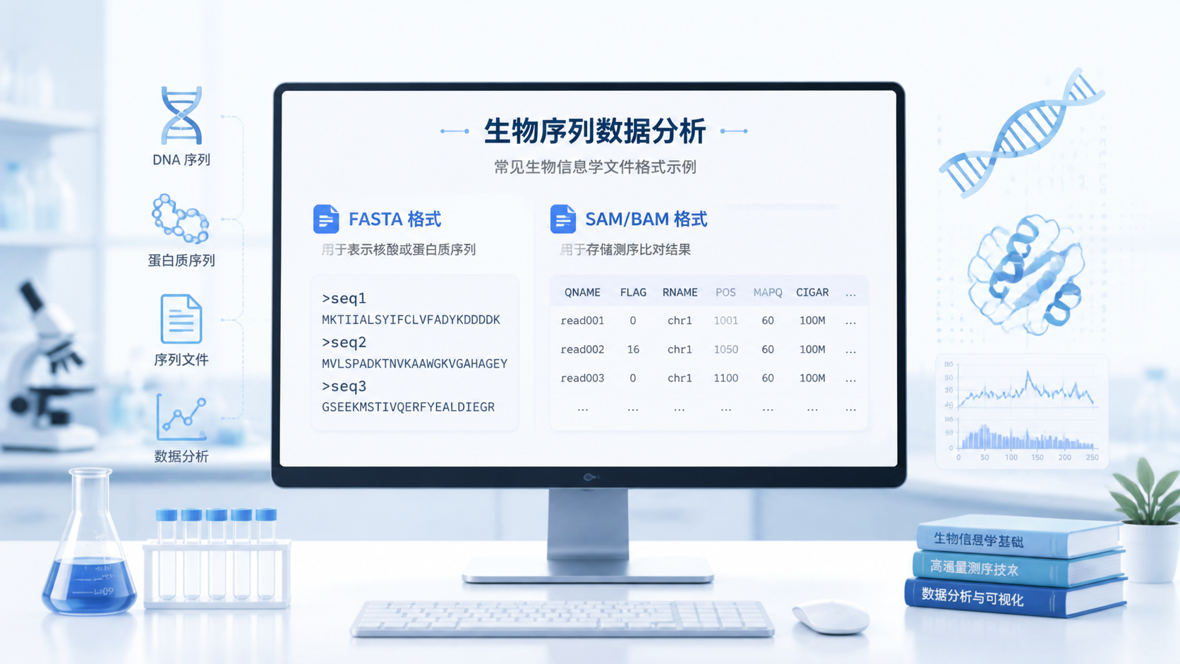 实验室场景中，电脑屏幕展示蛋白序列文件格式示例，如FASTA、SAM/BAM界面，旁边配有生物信息学分析流程图。