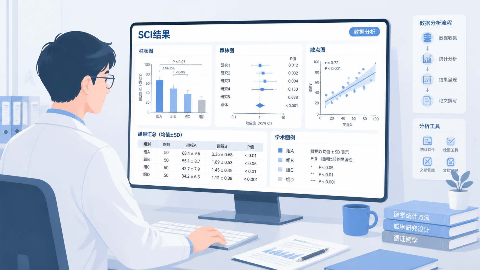 一位医学生或科研人员对着电脑屏幕整理SCI结果图表，旁边有P值、柱状图、森林图等学术元素，突出“结果写不清、阳性结果不会讲”的痛点。