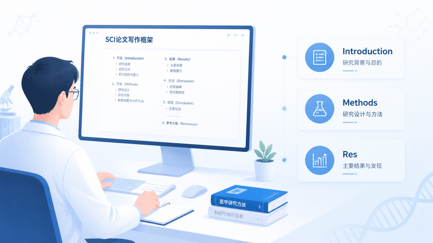 一位科研人员在电脑前梳理SCI论文框架，旁边展示Introduction、Methods、Results、Discussion的结构示意图，整体简洁专业。
