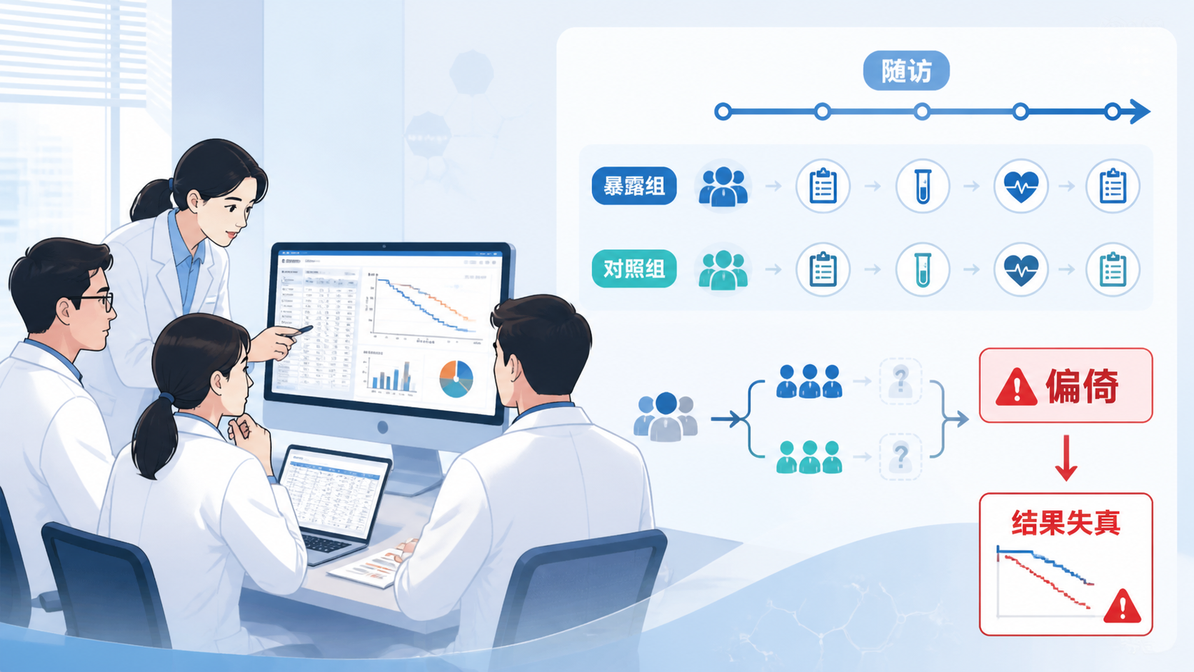 医学研究团队在电脑前分析队列数据，旁边有随访时间轴、暴露组和对照组示意图，突出“偏倚”与“结果失真”的概念。
