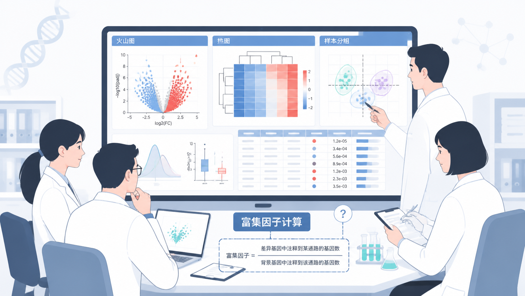 实验室场景中，研究人员在查看火山图、热图和样本分组结果，突出“富集因子计算”这一数据分析痛点。