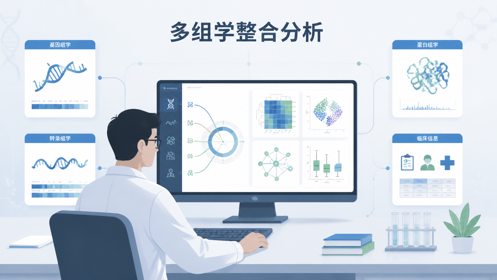 一张科研人员在电脑前对多组学数据进行整合分析的场景图，旁边有DNA、RNA、蛋白和临床数据图标，突出“选对数据类型，才能做好分析”的主题。