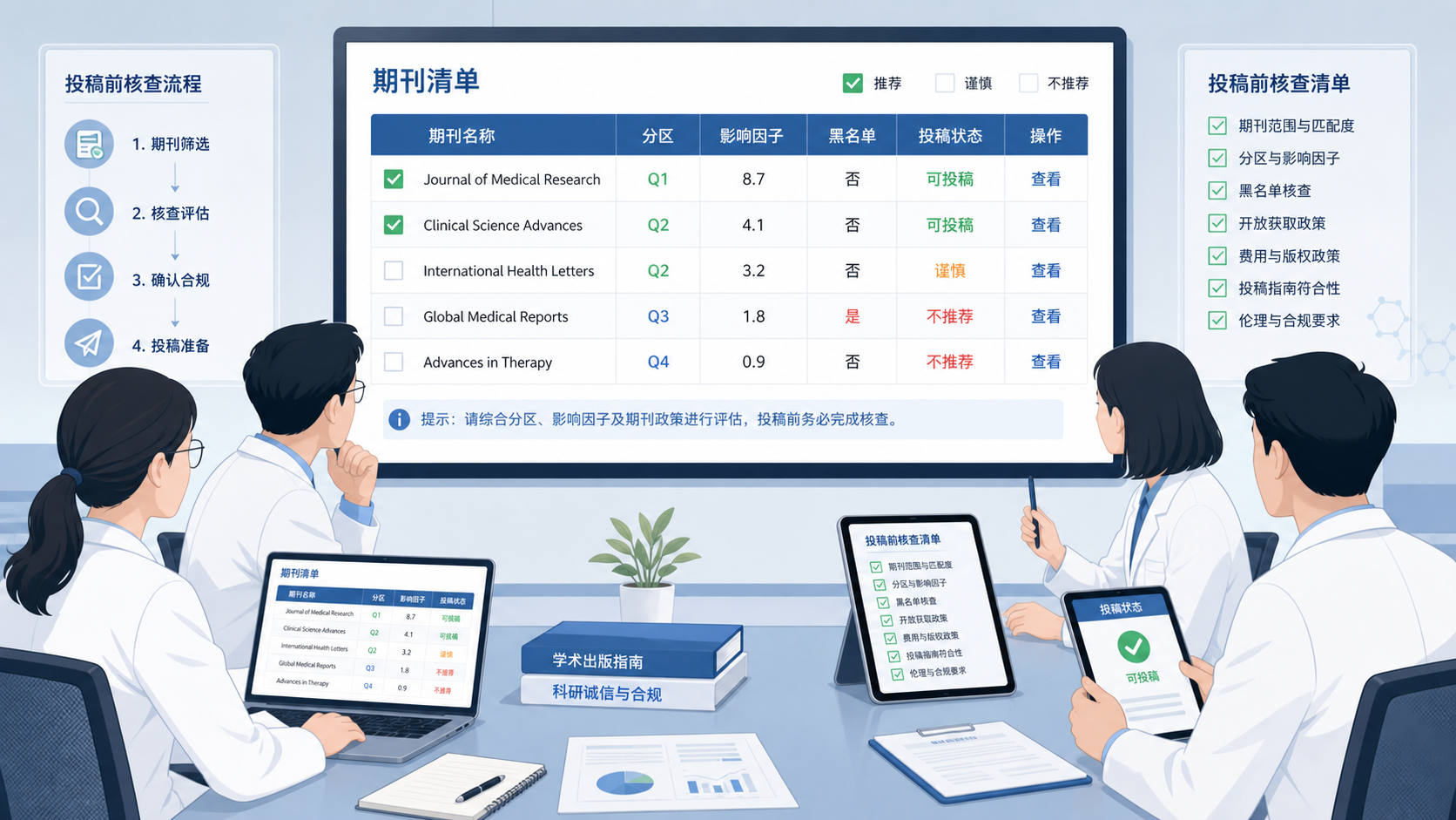 科研人员在会议室中查看期刊清单，旁边有分区、黑名单、投稿状态等核查项，整体风格专业、可信赖