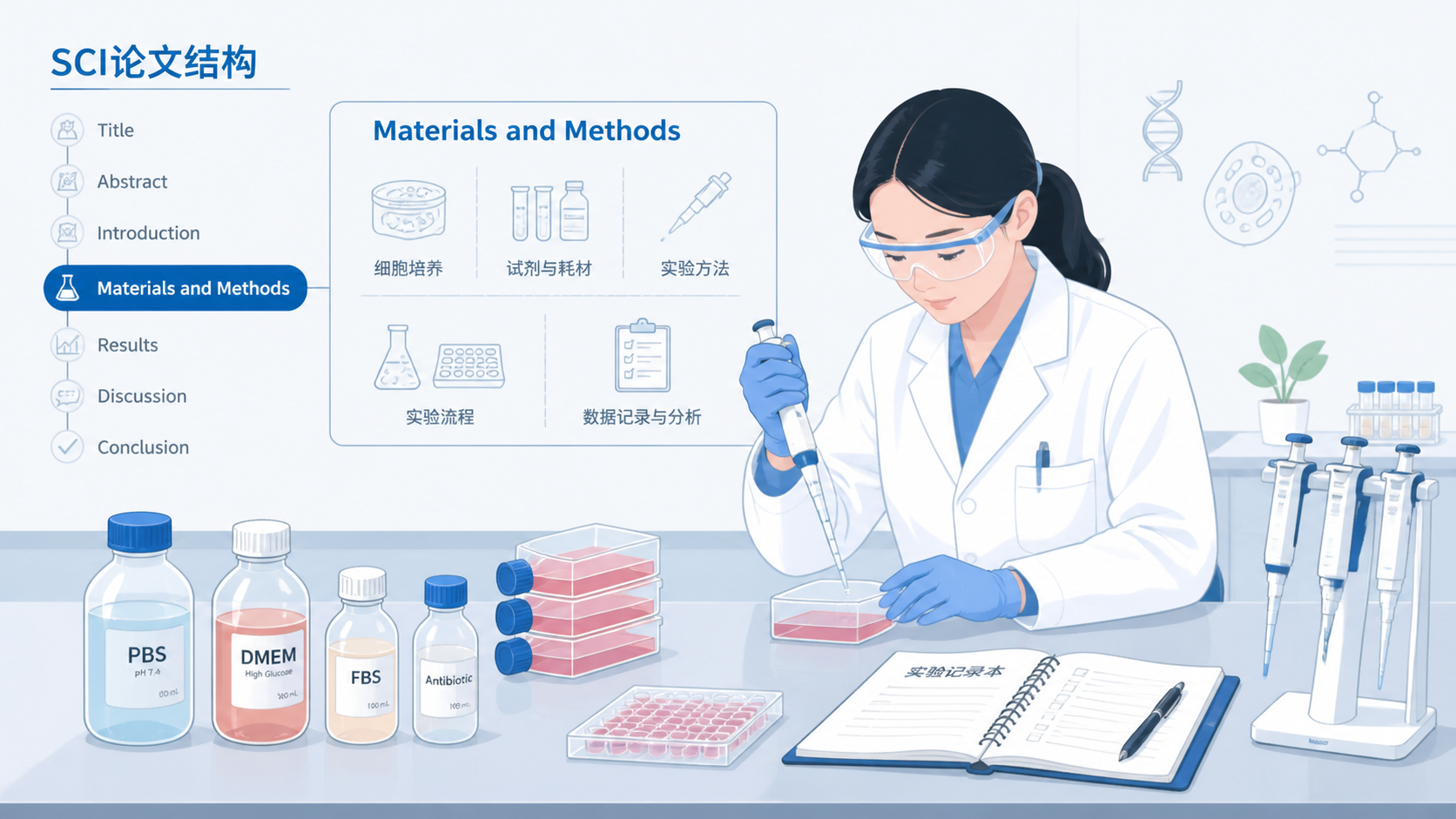 科研人员在实验台前整理试剂、细胞培养瓶、移液器和记录本，背景可见SCI论文结构草图，突出材料与方法撰写的规范性与可重复性。