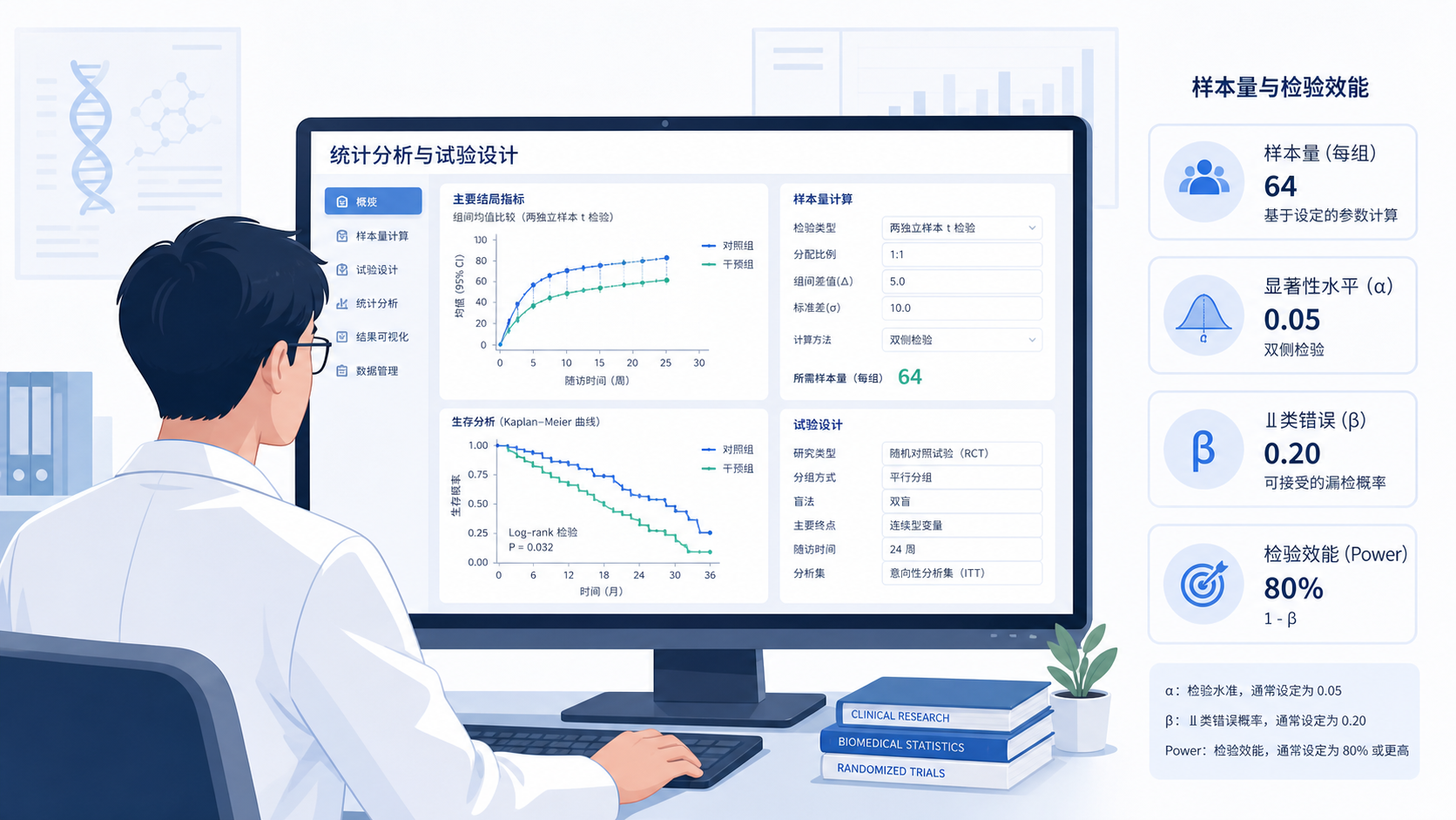 医学生在电脑前查看统计分析界面，旁边有样本量、α、β、Power等关键词的学术风格插图