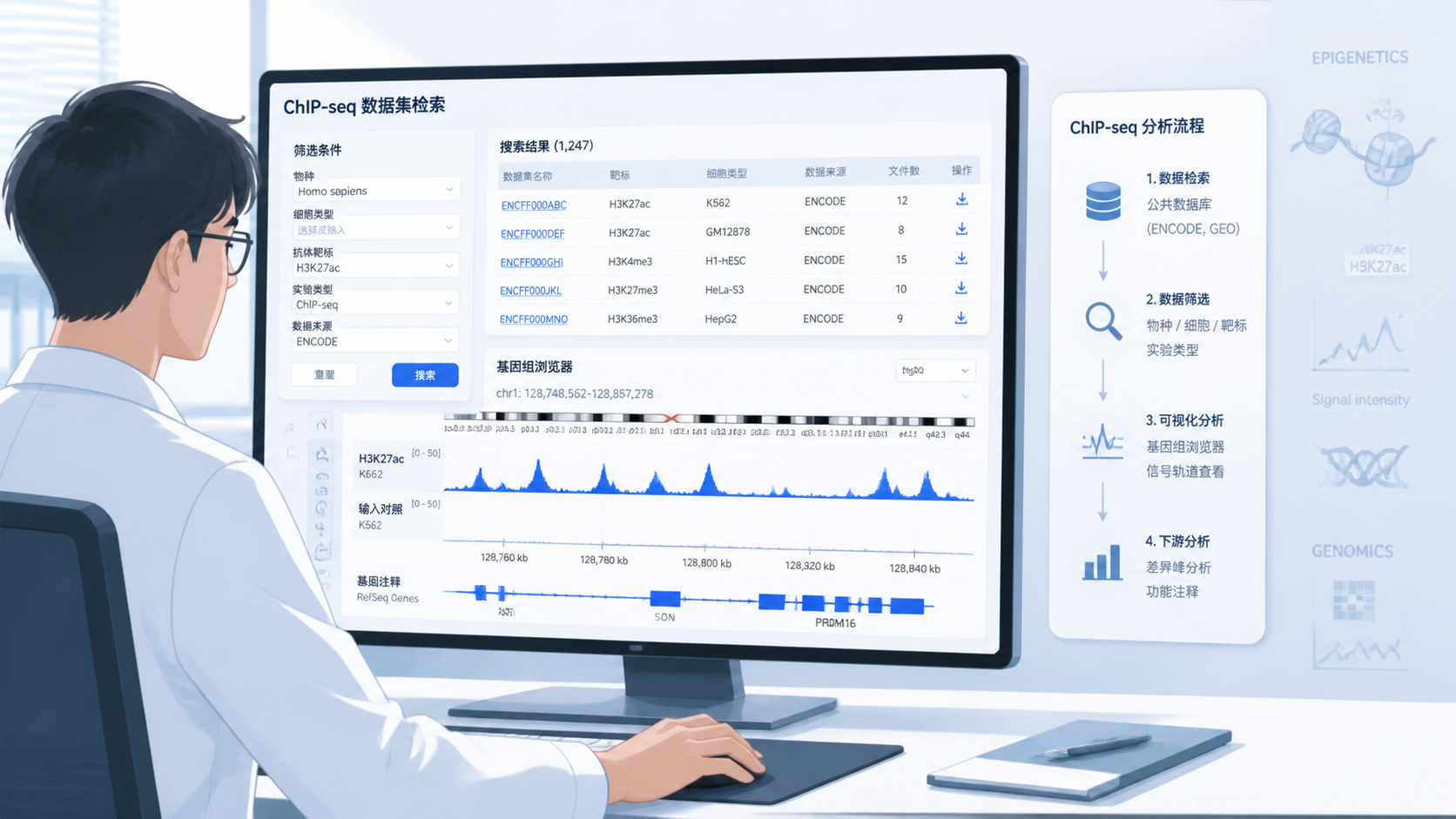科研人员在电脑前检索公开组学数据库，屏幕上展示Chip-seq数据集、基因组浏览器和筛选列表的界面