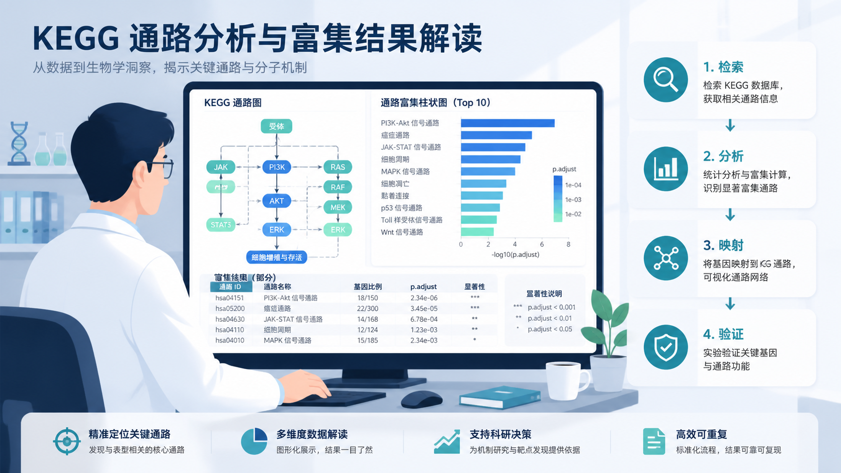 研究人员在电脑前查看KEGG通路图和富集结果的场景，旁边有“检索、分析、映射、验证”流程示意