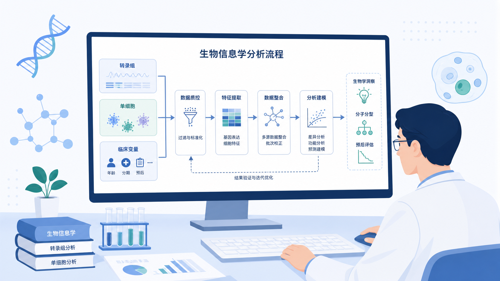 医生在电脑前查看生信分析流程图，旁边有转录组、单细胞、临床变量等模块示意