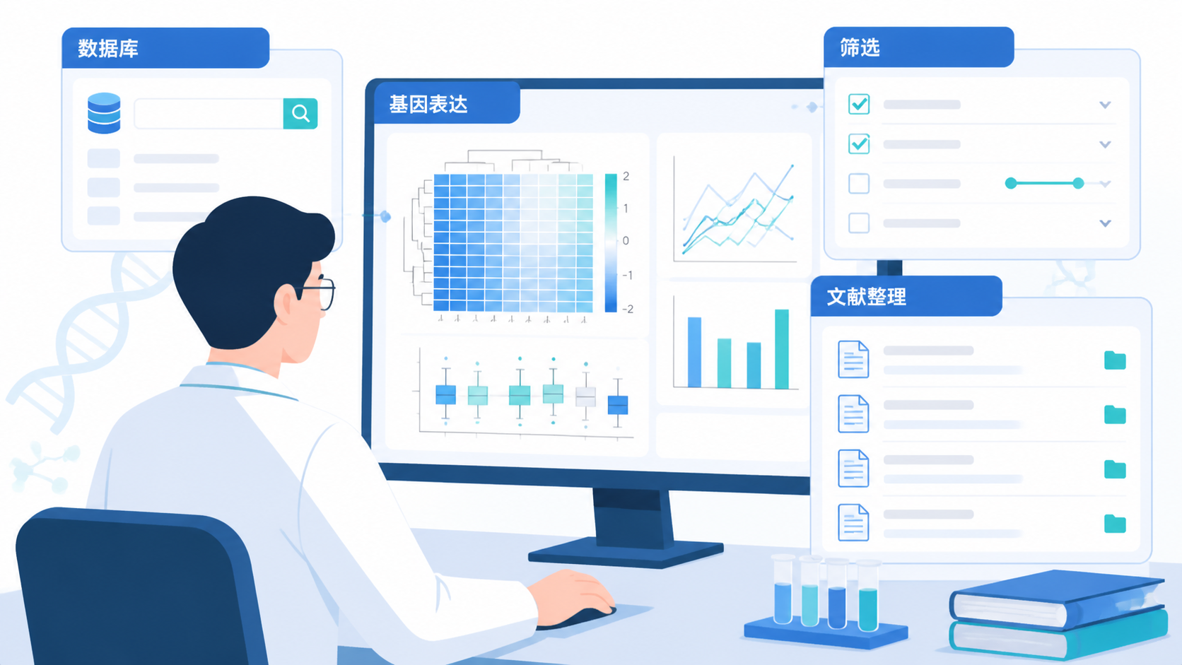 科研人员在电脑前检索公共数据库，旁边显示基因表达分析、数据筛选和论文文献整理界面。