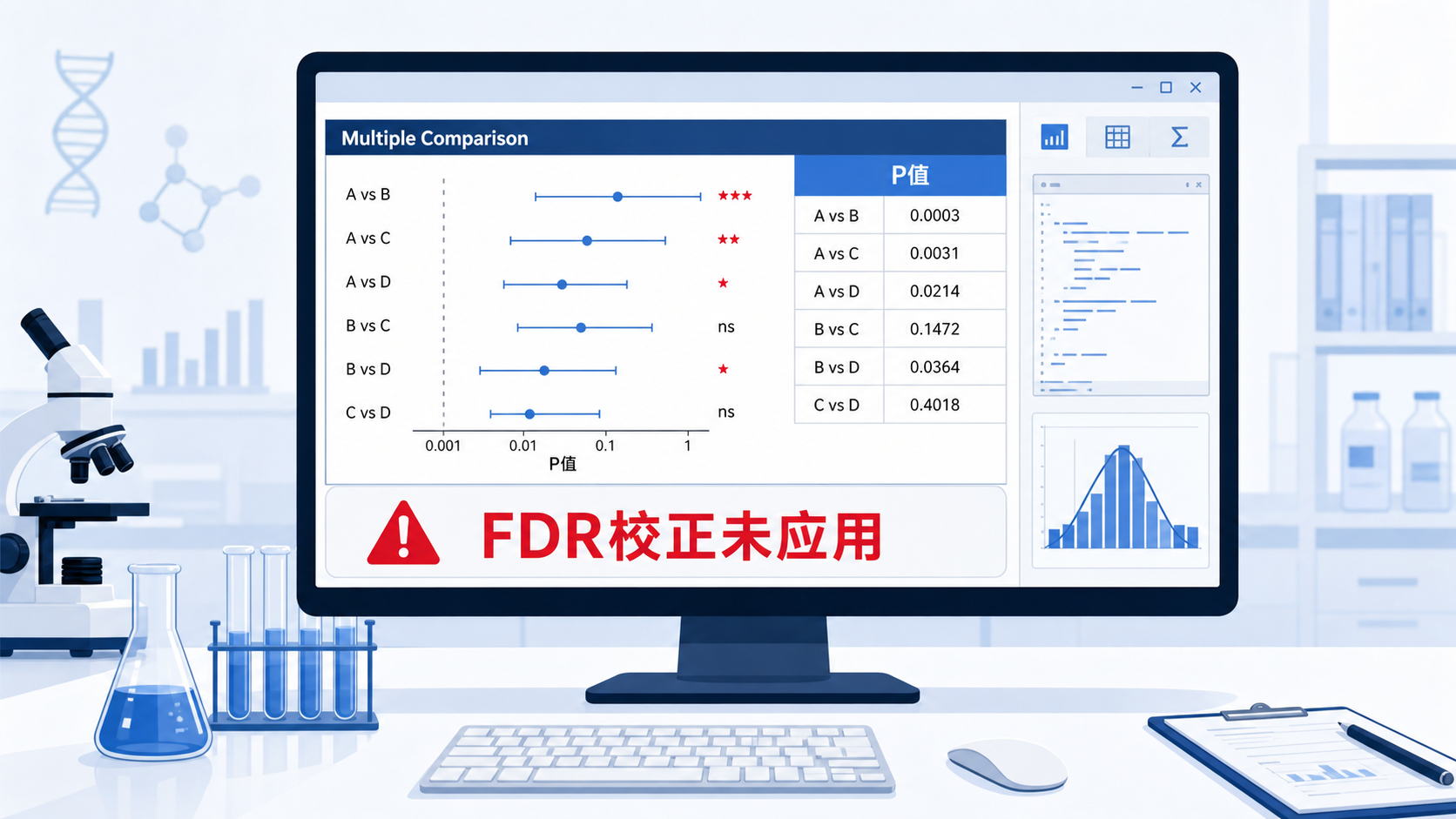 实验室数据分析场景，屏幕上显示多重比较结果、P值表格和统计软件界面，突出“FDR校正未应用”的风险提示。