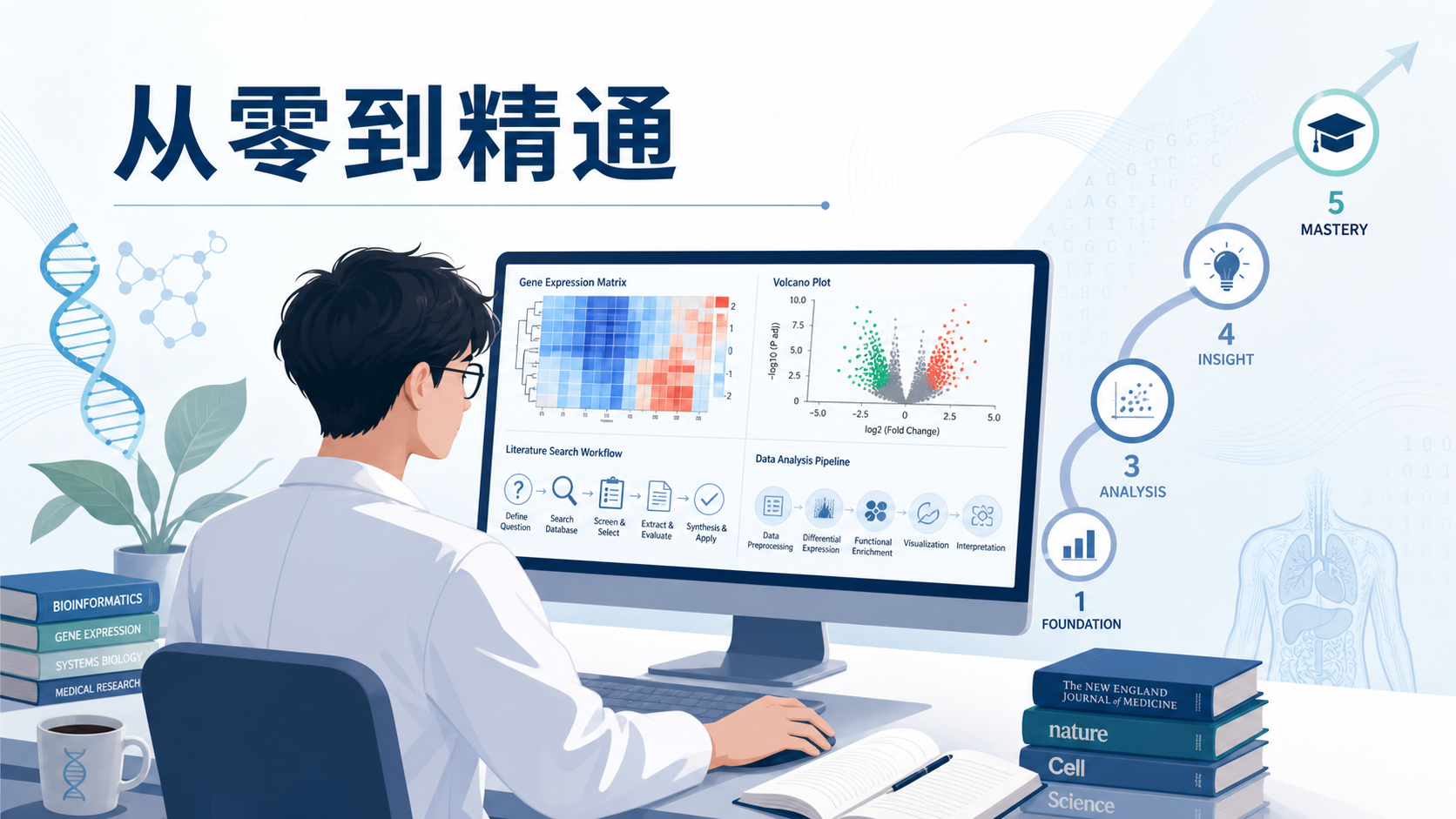 医学生在电脑前查看基因表达矩阵、火山图和文献流程图,强调“从零到精通”的学习路径