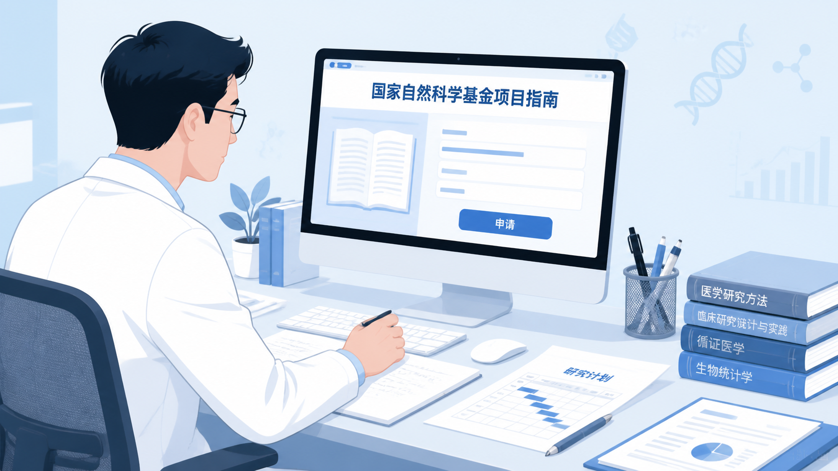 一位医生在电脑前查看国家自然科学基金项目指南，桌面上放着笔记本、文献和研究计划表，画面突出“申请标准”和“指南解读”场景。